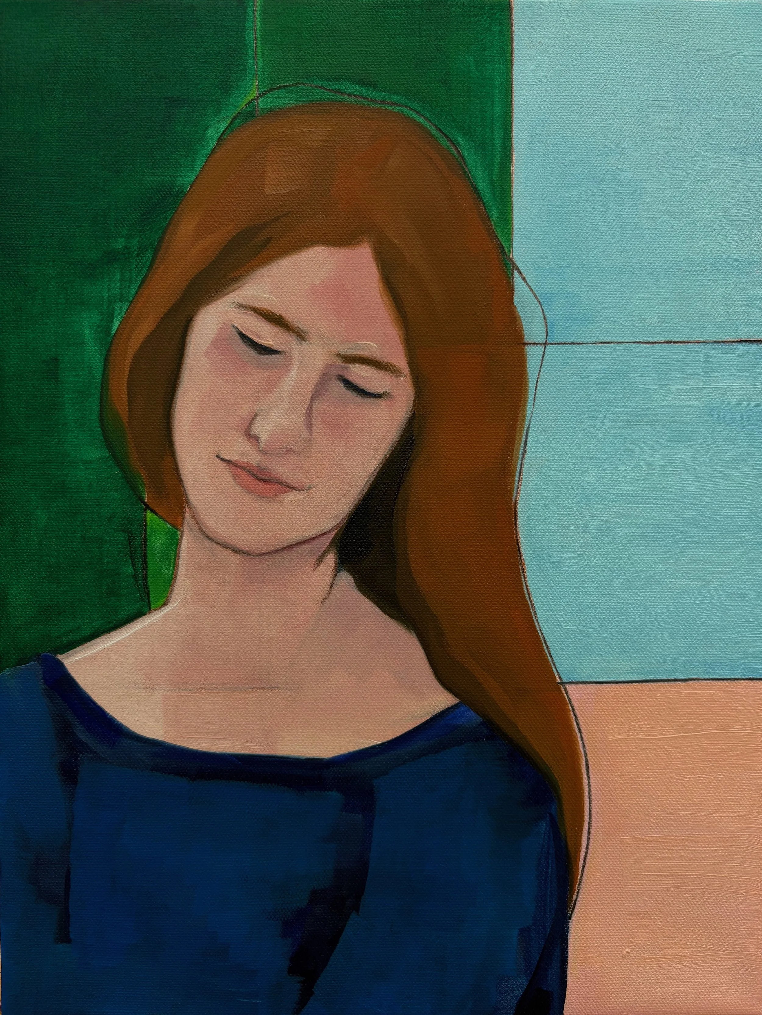 "I'm glad I was mistaken" 	
12" x 16" 
2026  
Oil on canvas
   


Original figurative oil painting on canvas by Matthew Padilla depicting a woman with long Auburn red hair in a blue top set against a colorful geometric tiled background.