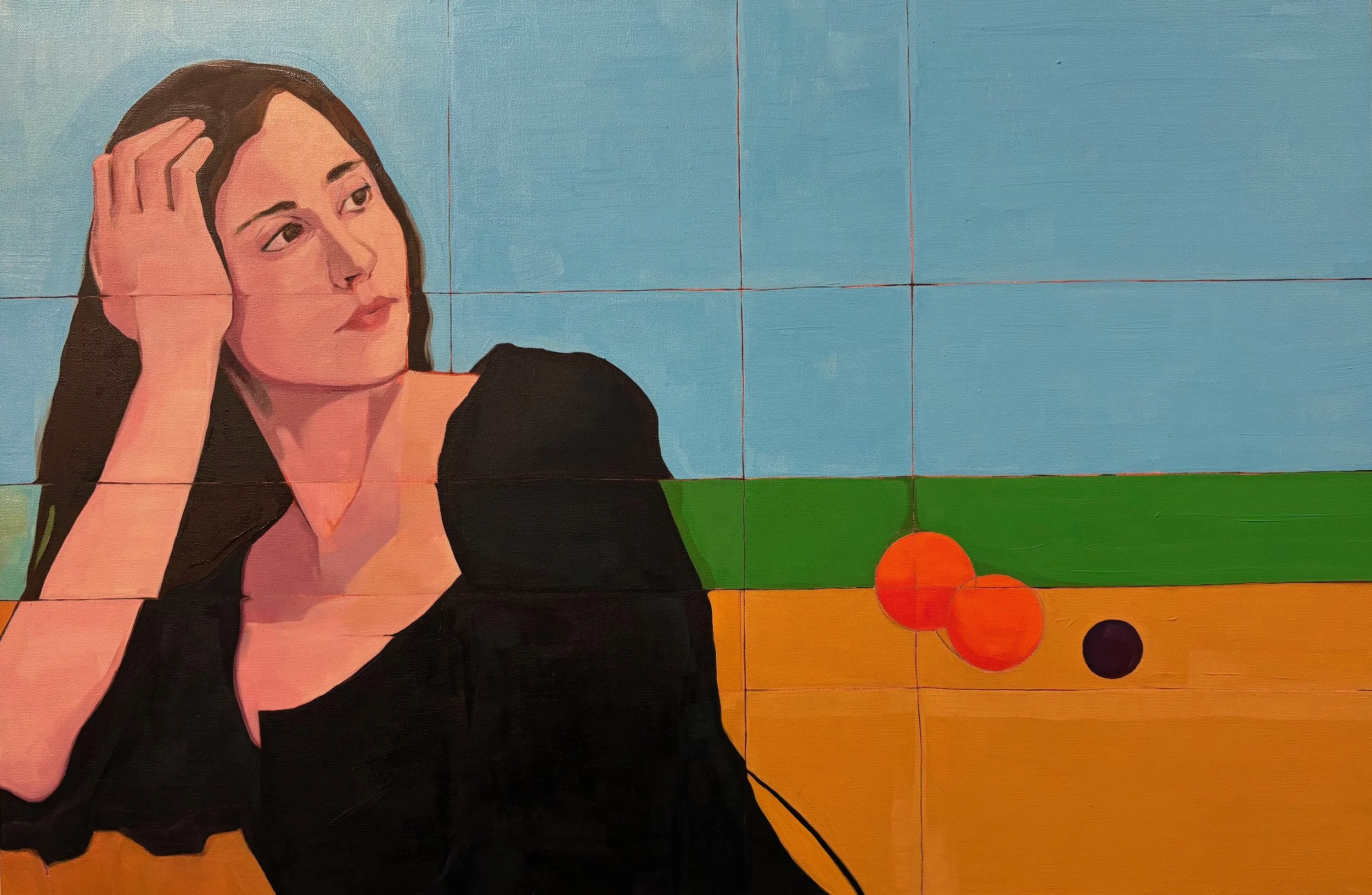 "Romeo and Juliet are together in eternity" 
40" x 30"  
2025  
oil on canvas   

Original figurative oil painting by Matthew Padilla depicting a seated woman in a black dress resting her head on her hand, set against a structured background of soft 