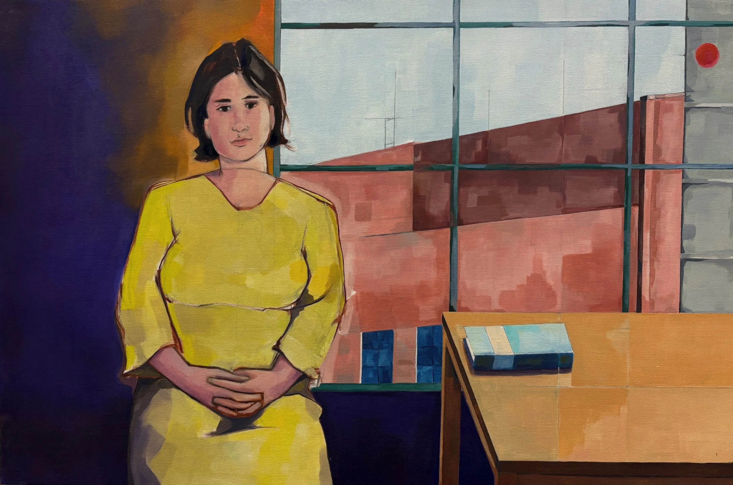 A Perfect Afternoon 
36” x 24” 
2021 
Oil on canvas 
   

Original figurative oil painting on canvas by Matthew Padilla depicting a woman seated in a yellow dress indoors before a large window with an urban geometric architectural background.