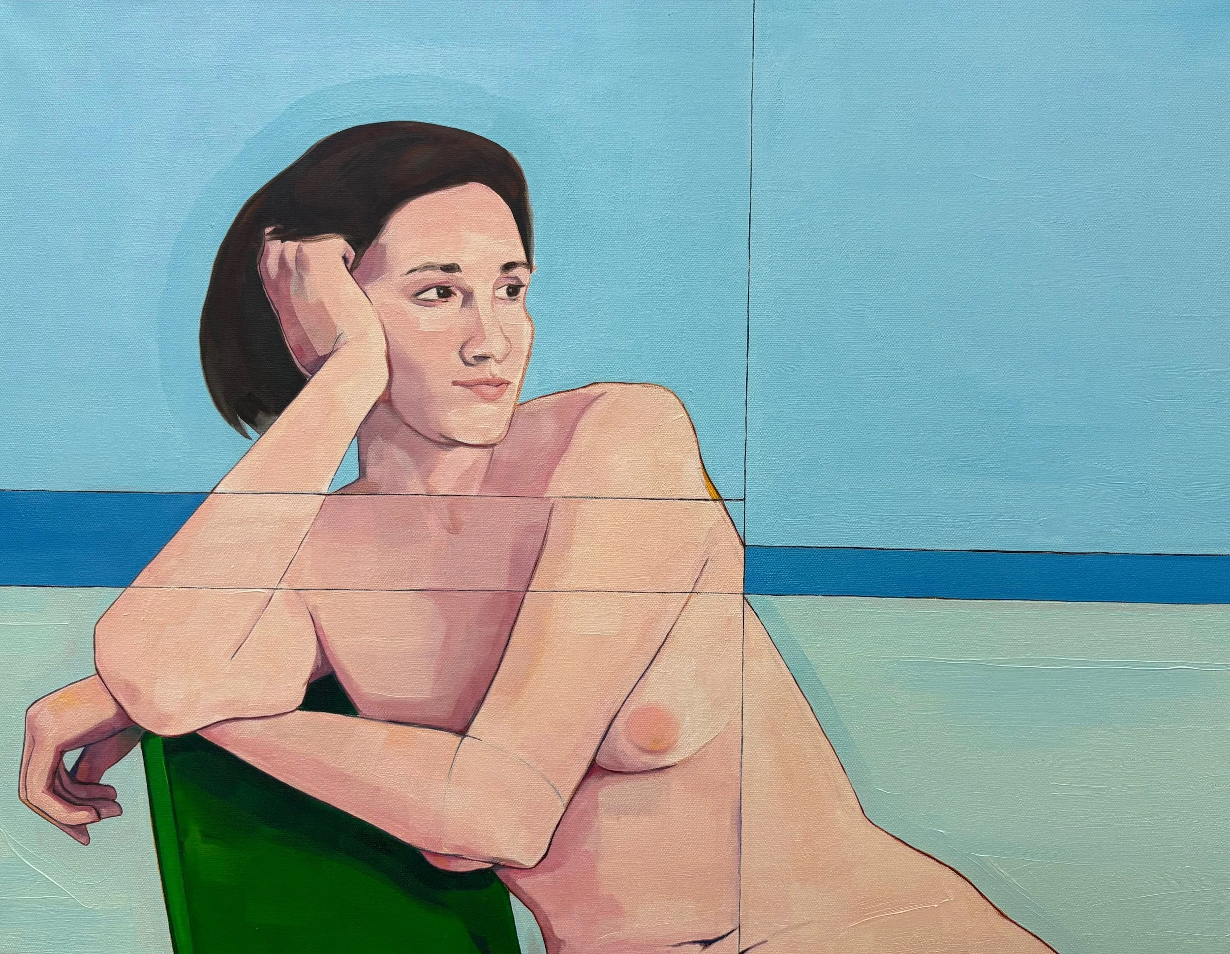 Beach Scene no. 4 
32” x 28” 
2025 
Oil on canvas 
   

Original figurative oil painting on canvas by Matthew Padilla depicting a seated nude female figure resting her head on her hand, set against a coastal landscape with soft turquoise, sky blue, a