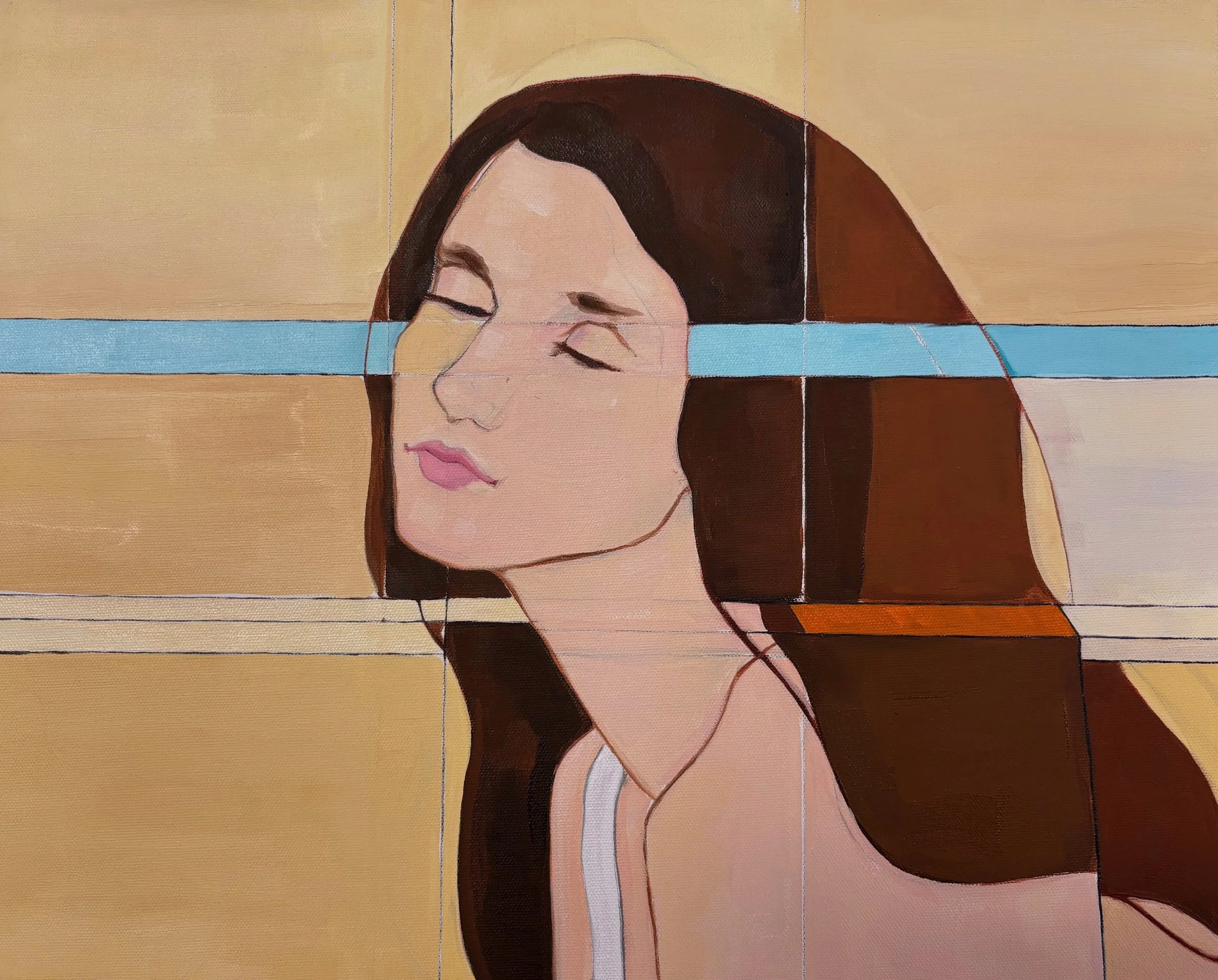 Daydreaming, part 3 	
20" x 16" 
2026  
Oil on canvas
   

Original figurative oil painting on canvas by Matthew Padilla depicting a woman in profile with long brown hair, set against horizontal bands of blue, turquoise, and warm peach tones.