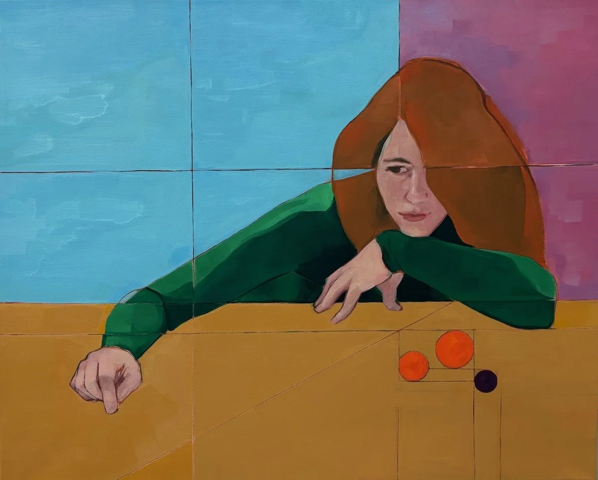 Maggie With Surrealist Still Life 	
30" x 24" 
2026  
Oil on canvas
   

Original figurative oil painting on canvas by Matthew Padilla depicting a woman resting her head on a tabletop beside a surrealist still life arrangement, set against a blue geo