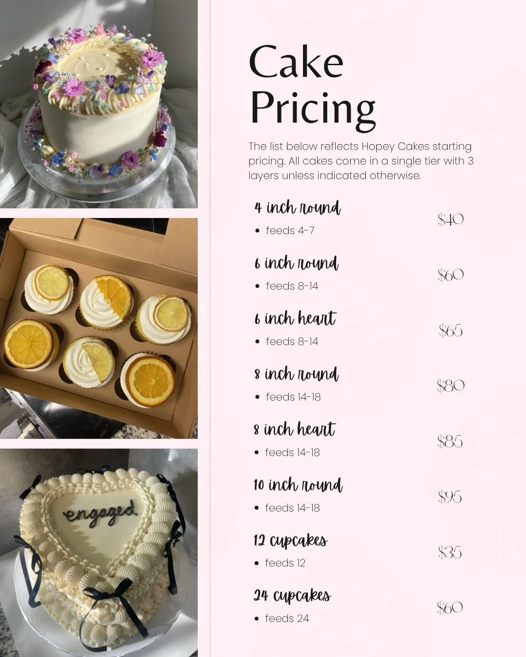 Updated pricing along with some new flavors! 🤩🧁🍰

What flavor combo are you trying first?! 🎂

P.S: I&rsquo;m already booking up for June &amp; July, so if you want to order a cake, be sure to reach out well in advance! You can order through my we