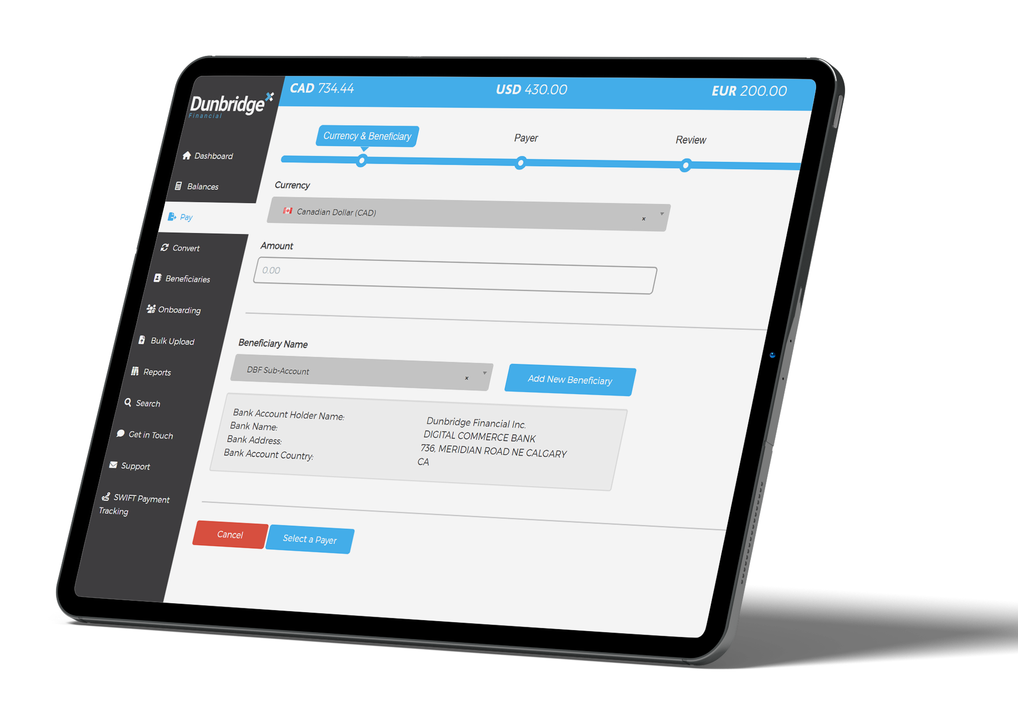 Mobile banking app screen showing a transfer to a beneficiary in Canadian Dollars, with bank details and options to select or add a new beneficiary.
