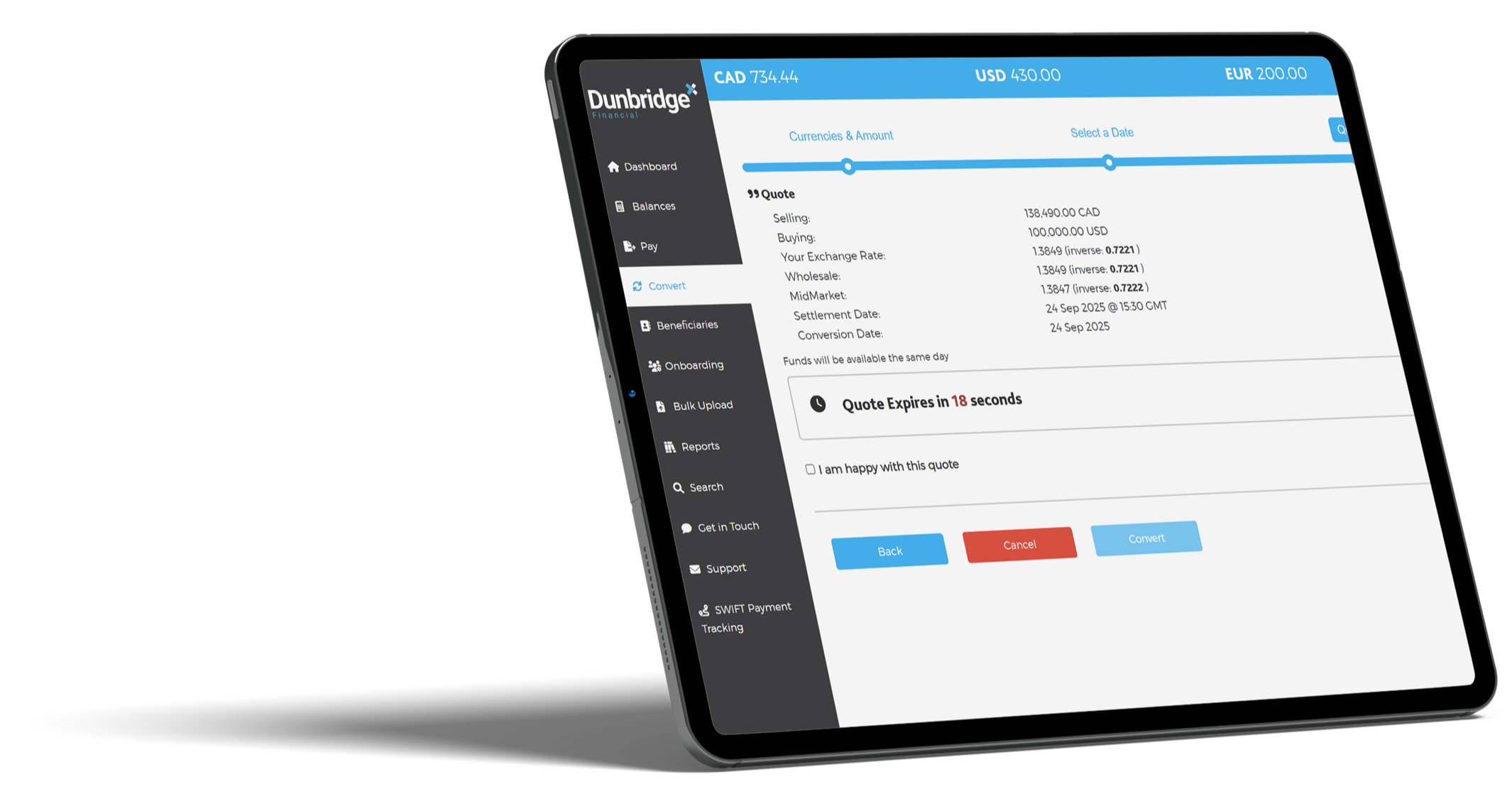 A tablet screen displaying a financial application with currency exchange details and a countdown timer for a quote expiration.