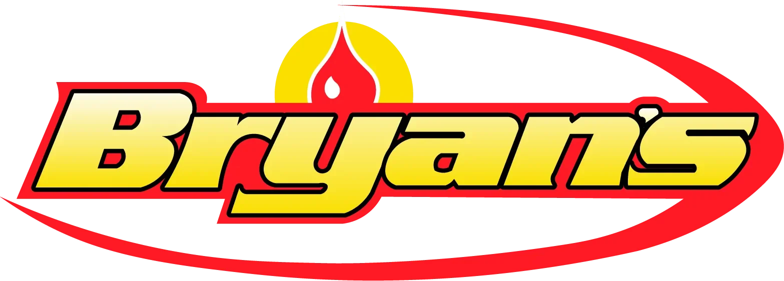 The Bryans logo with yellow text outlined in black and red, featuring a flame symbol above the text.
