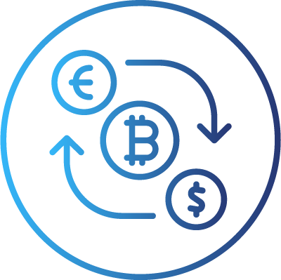 Digital illustration of currency exchange with Bitcoin, Euro, and US Dollar symbols connected by arrows.