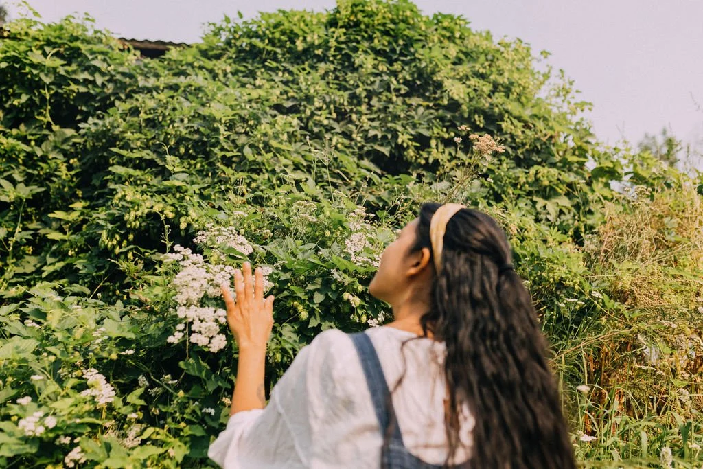 Woman with long dark hair wearing a headband and a white shirt touching white flowers on a green bush.