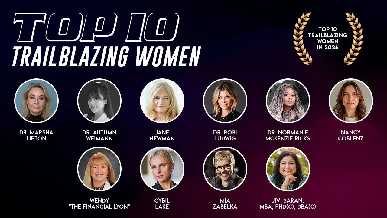 Jane 'Top 10 Trailblazing Women in 2026' featuring twelve women, each with their name and titles, arranged in a grid with circular headshots. The background is a gradient dark color, and there is a golden laurel wreath symbol at the top right corner.