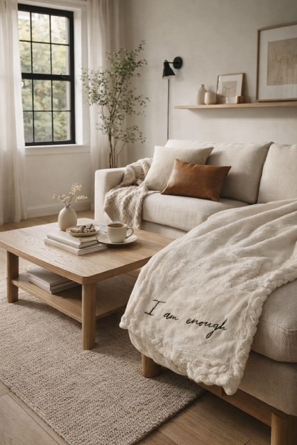 “I Am Enough” Chunky Knit Blanket – Cream on Cream Fleece | Limited Launch Affirmation Blanket