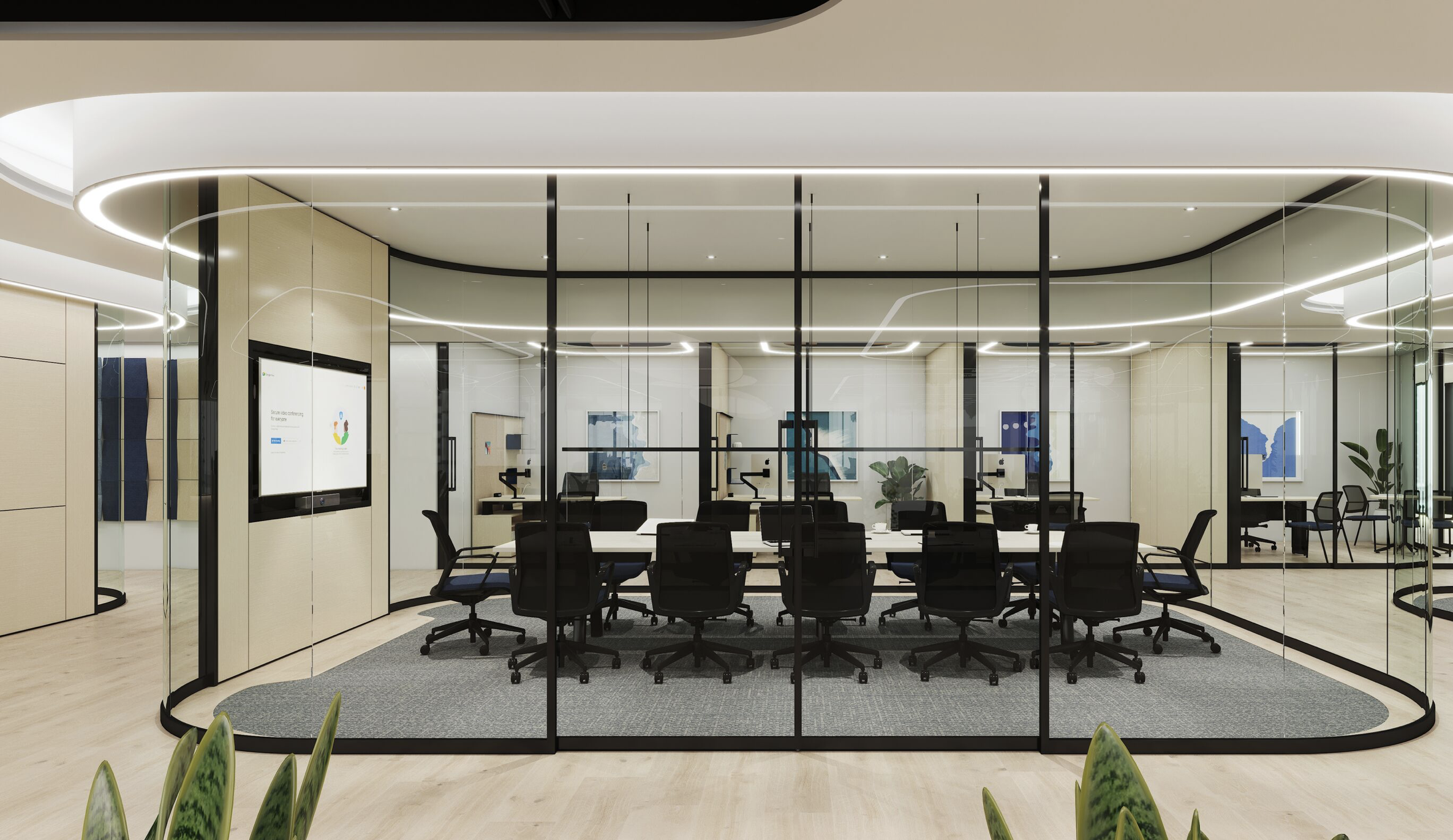 Modern conference room with glass walls, a long table with multiple chairs, and a wall-mounted screen.