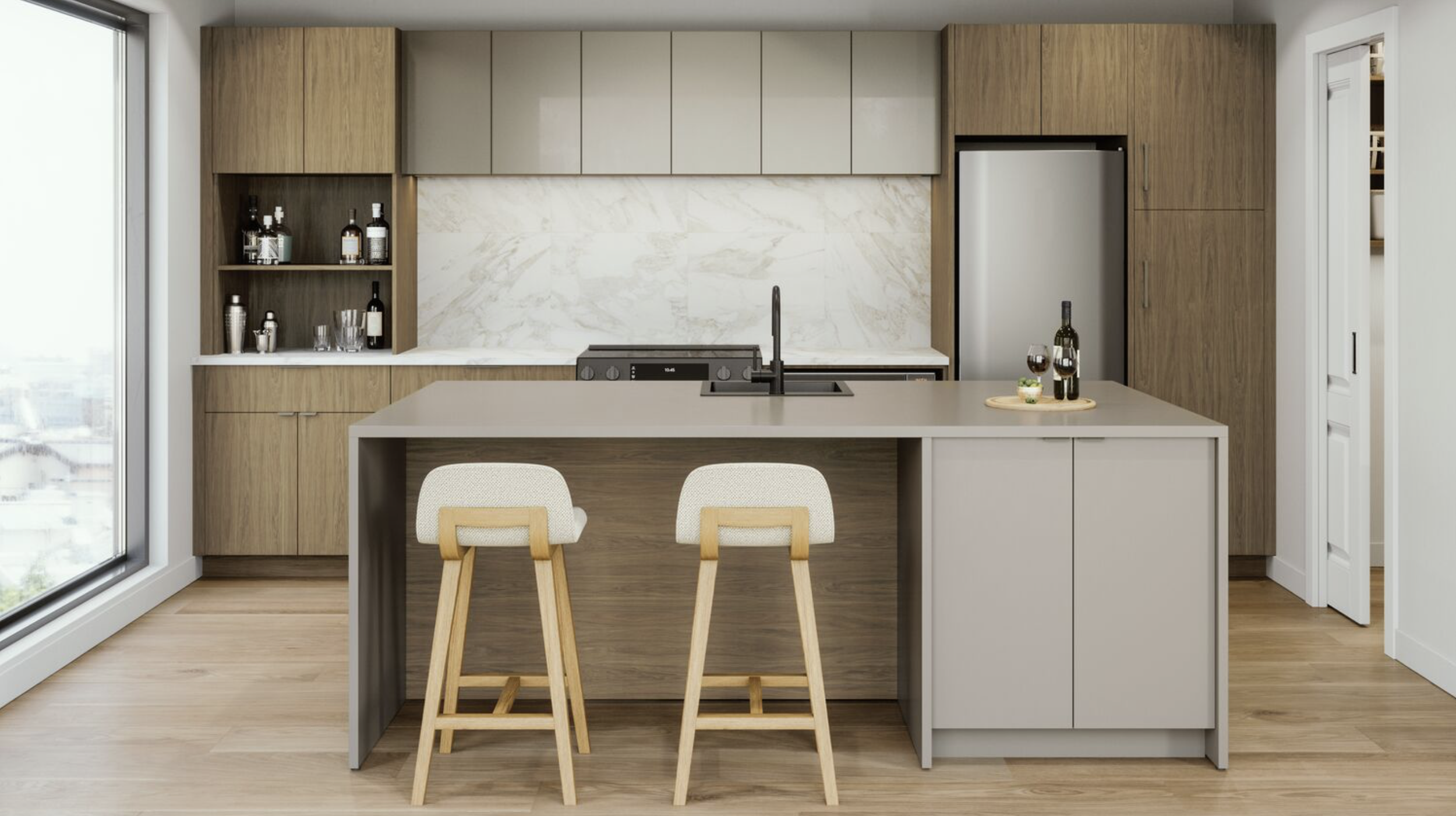 Modern kitchen with wooden cabinets, an island with two stools, and a marble backsplash. There's a refrigerator, open shelves with bottles, and a sliding glass door to the left.