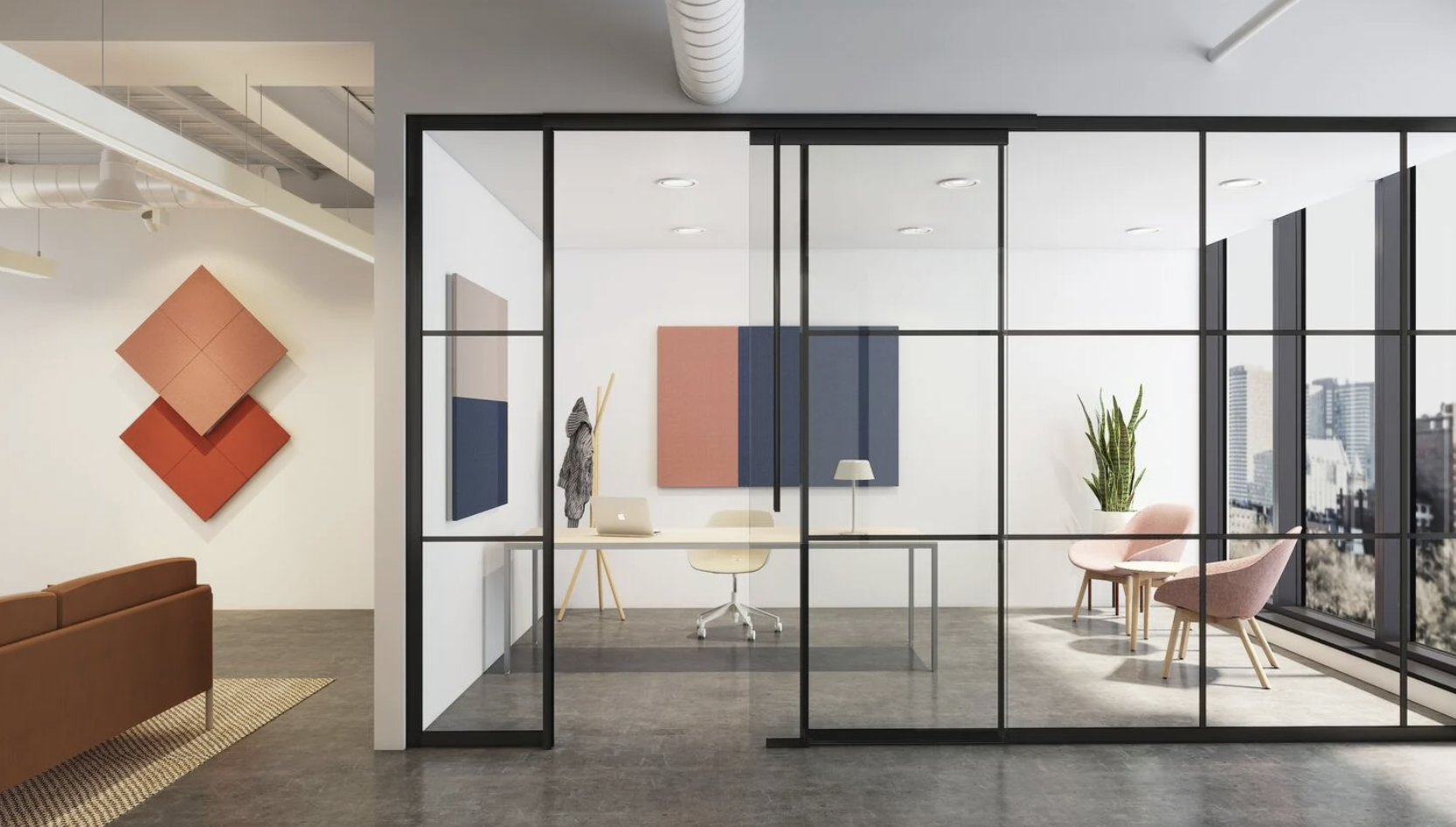 Modern office space with glass partition, minimalist furniture, artwork on walls, and city skyline visible through floor-to-ceiling windows.