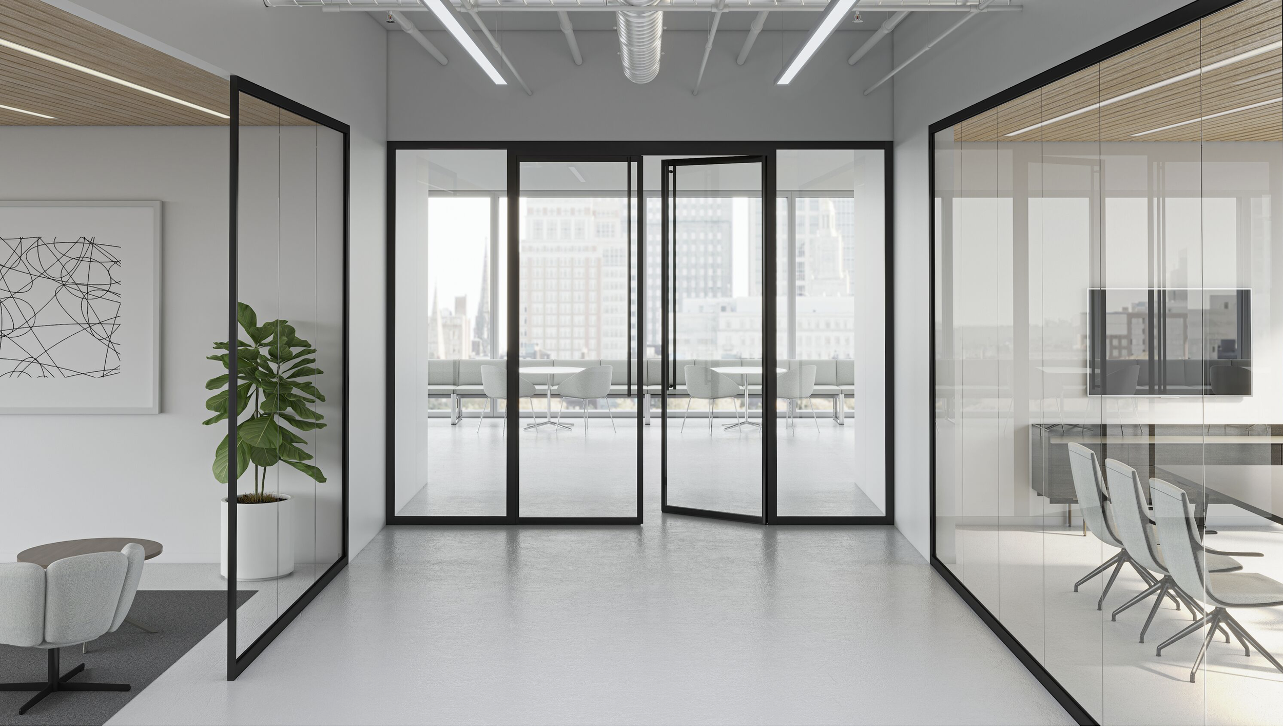 Modern office space with glass walls, white chairs, and a potted plant, overlooking city skyscrapers.