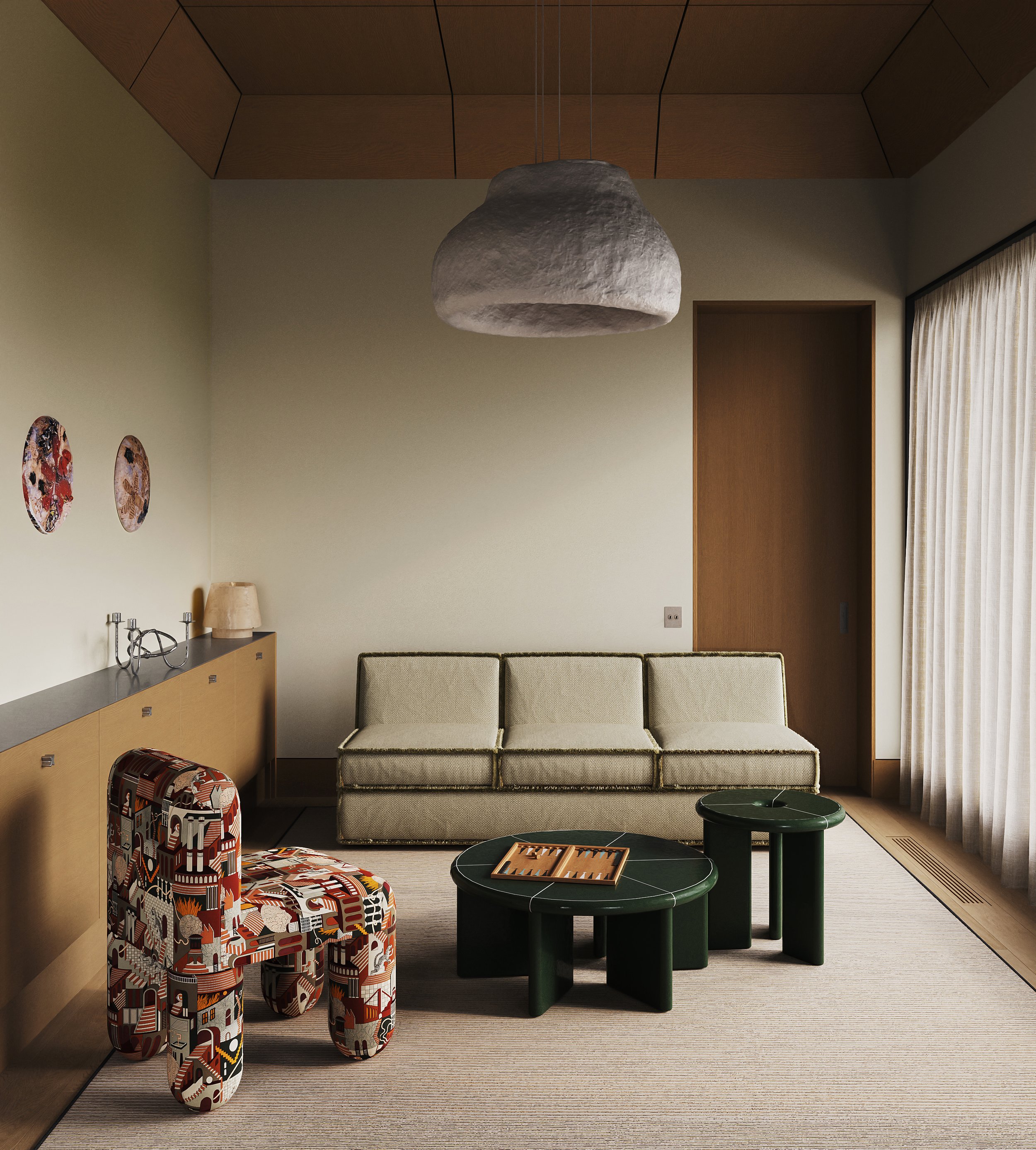 Living room with beige sofa, colorful patterned armchair, green nested coffee tables, wood-paneled ceiling, beige curtains, and minimal decor.