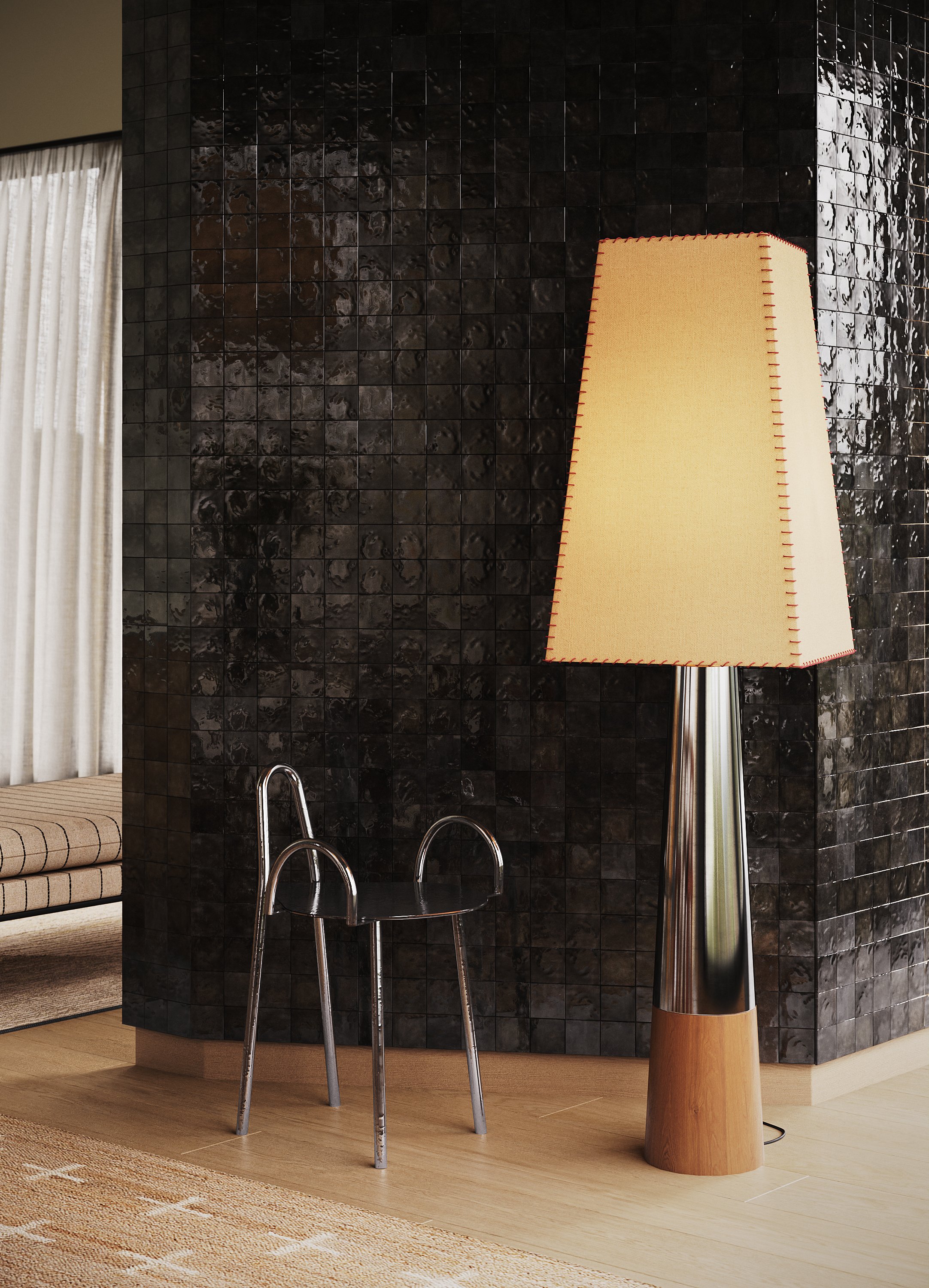 A corner of a room with a black tiled wall, a large standing lamp with a beige shade and wooden base, and a small metal chair.