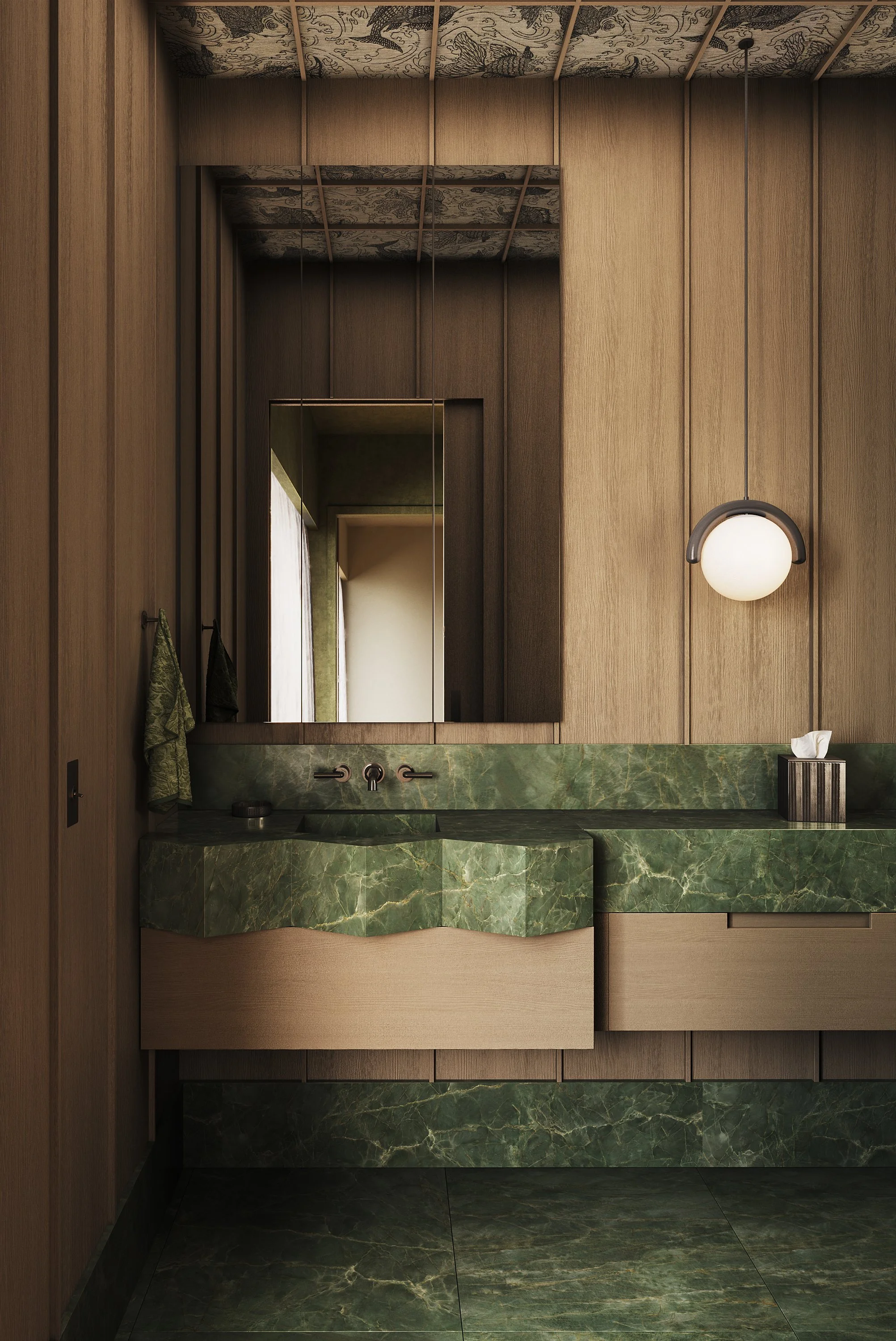 A bathroom with wooden walls, a green marble sink and countertop, a mirror, a pendant light, and a tissue box.