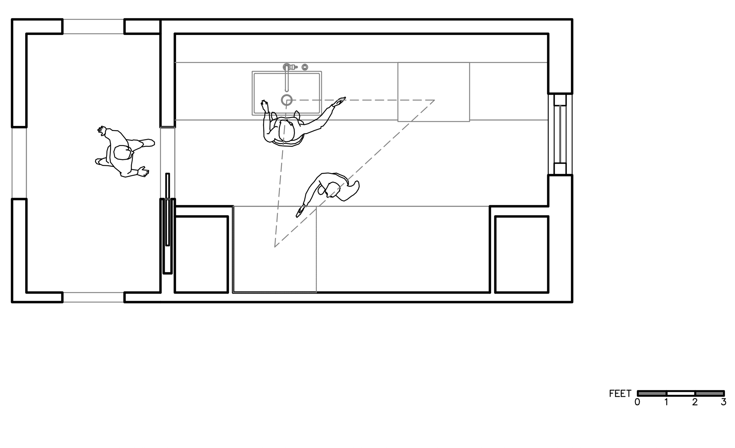 A top-down floor plan of a room with three people, including a kitchen area with a sink, and a measurement scale in feet.