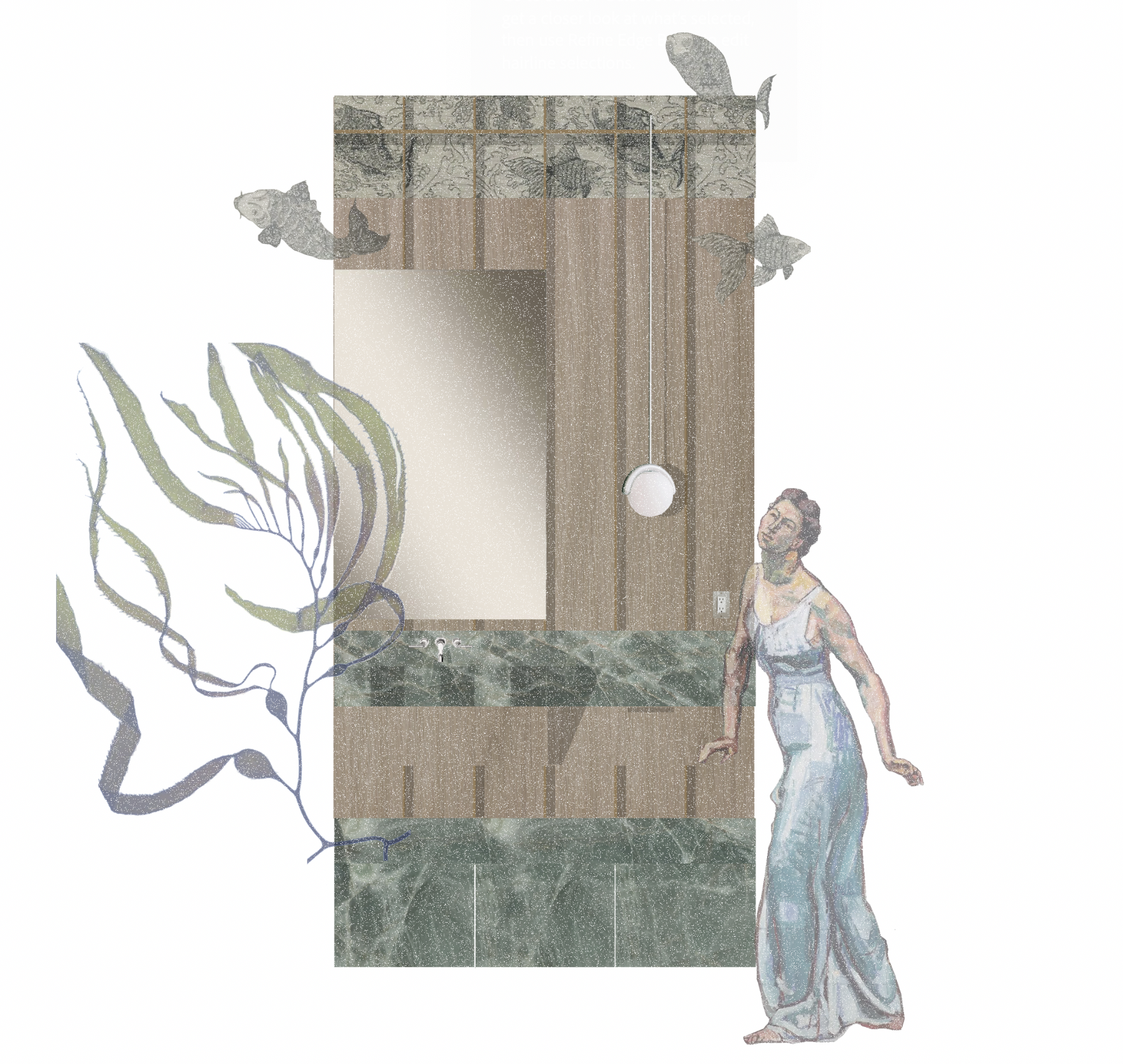A mirror with a green marble countertop in a bathroom, decorated with fish and a woman in a light-colored dress standing beside it.