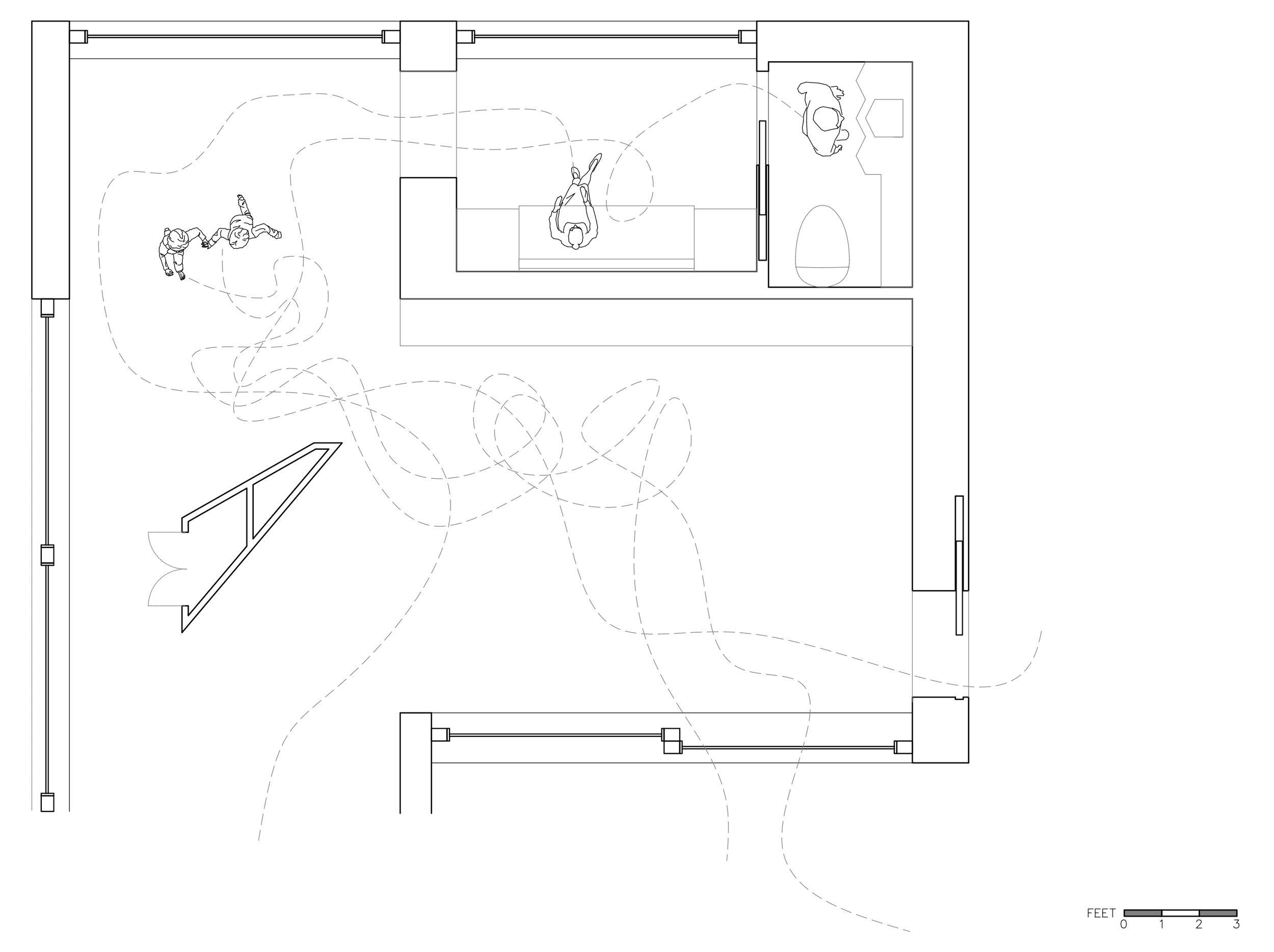 Architectural floor plan of a classroom with children playing and extra furniture.