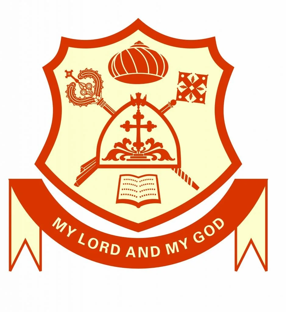 A crest with religious symbols and an open book, topped by a papal tiara. A ribbon below reads "My Lord and My God."