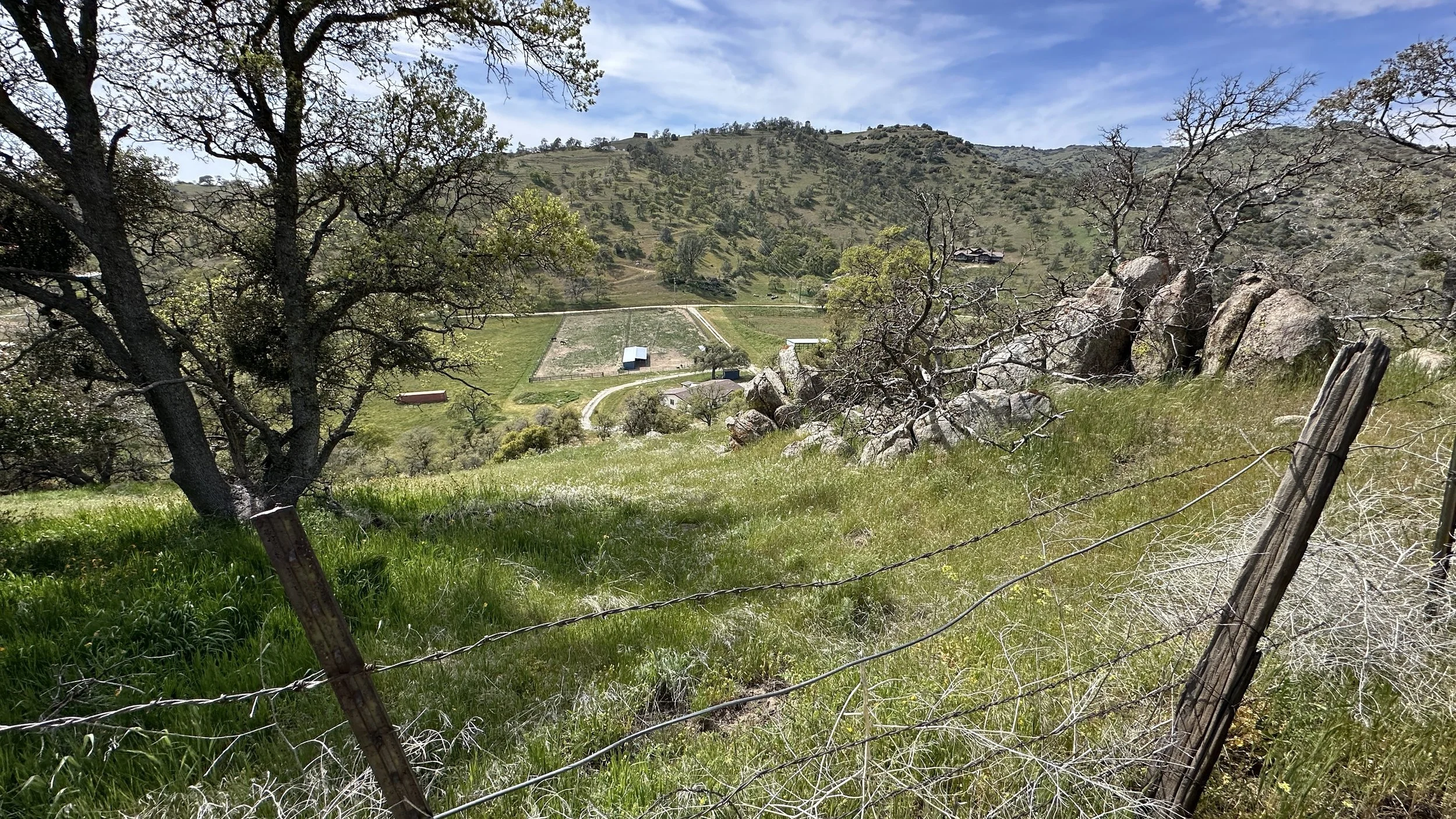 A rural hillside with green grass, trees, rocks, and a barbed wire fence in the foreground, and a valley with fields, a winding road, and hills in the background.