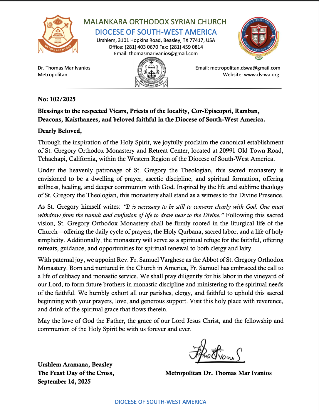 Official letter from Malankara Orthodox Syrian Church, Diocese of South-West America, announcing the dedication of St. Gregory Orthodox Monastery and Retreat Center in California, with church logos and contact information.