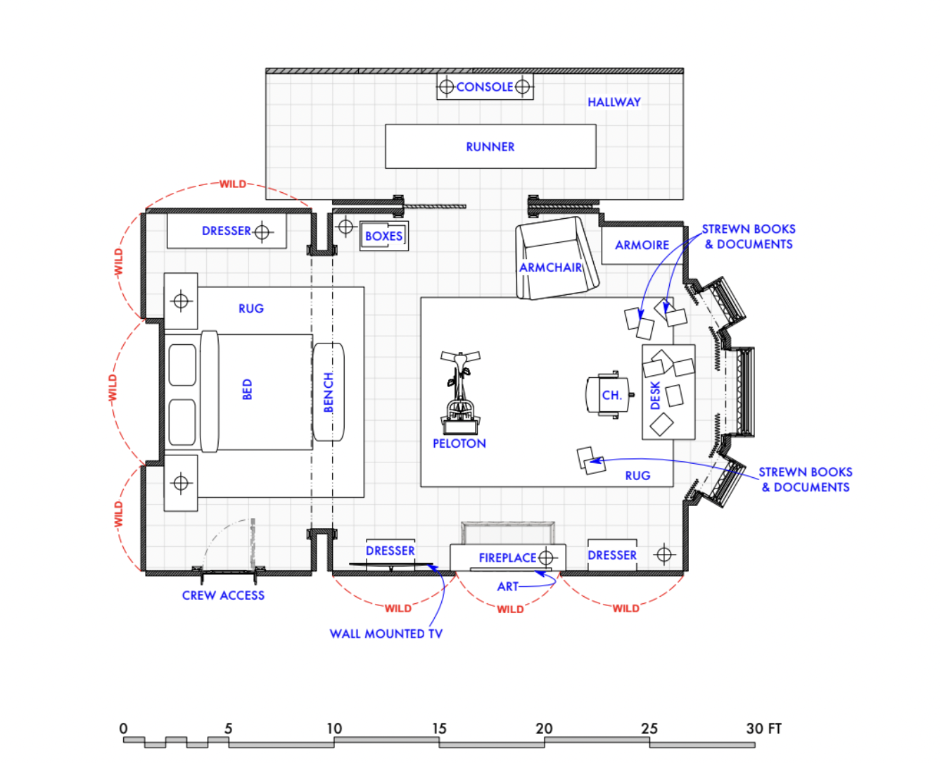 Floor plan of a bedroom with labeled furniture and features, including a bed, dresser, rug, art, fireplace, wall mounted TV, desks, armchair, boxes, peloton exercise bike, and various storage areas, with some areas marked as 'wild' and walkways marked as 'crew access' and 'hallway'.