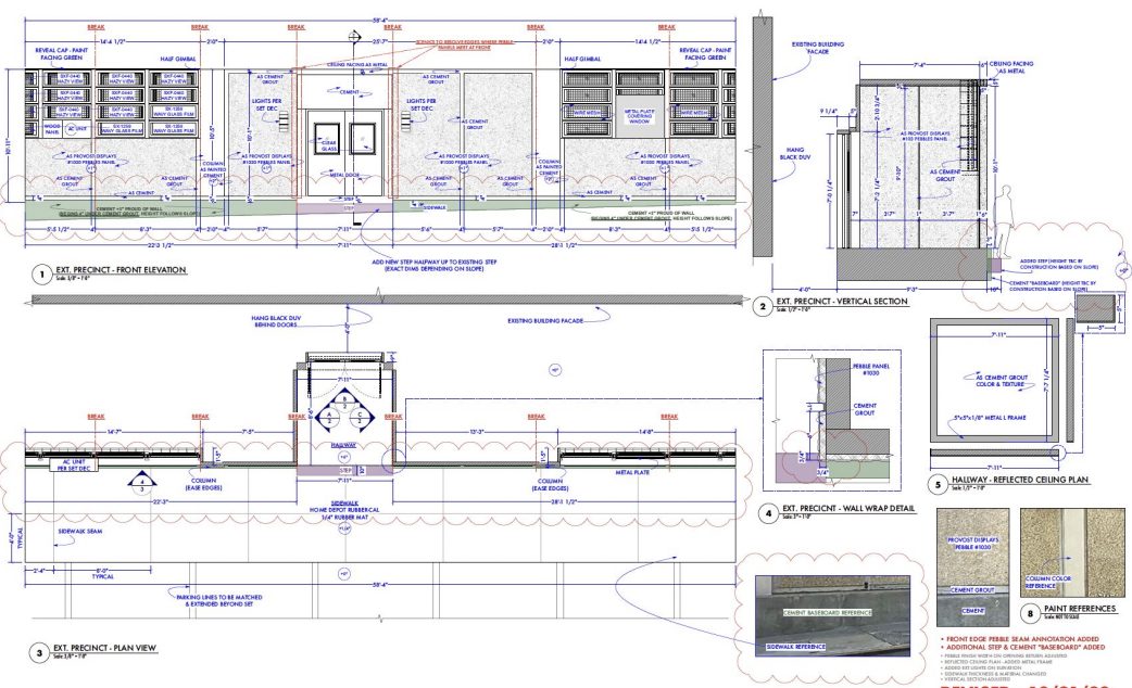 Architectural drawing of an exterior precinct, including front elevation, vertical section, plan view, wall wrap detail, and ceiling plan, with measurements, construction notes, and specifications.