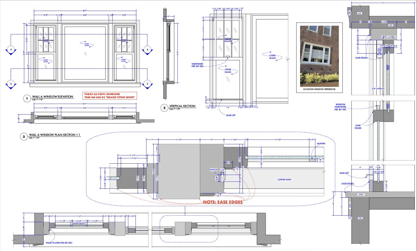 Architectural blueprint and technical drawings for a window installation, including elevation views, sectional diagrams, and a reference photo of a brick building with a window.