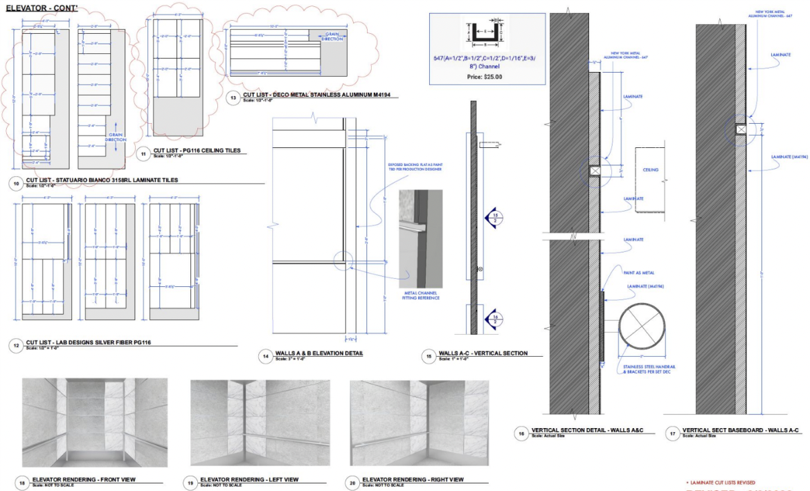 Technical architectural drawing of elevator design including section views, elevation details, wall sections, and material specifications.