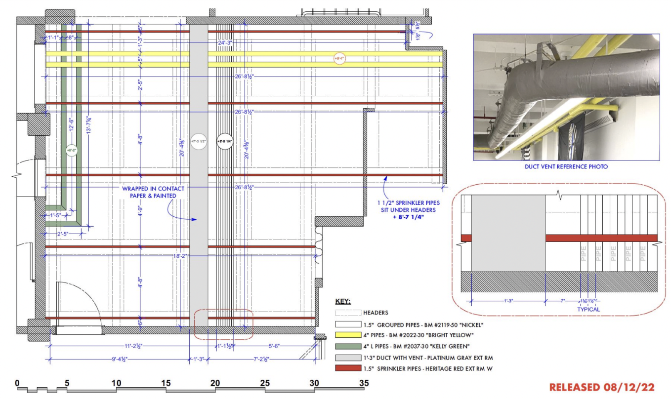 Technical wiring plan with dimensions, color-coded pipes, and annotations, including a reference photo of duct venting in the top right corner and a diagram of sprinkler pipes in the bottom right corner.