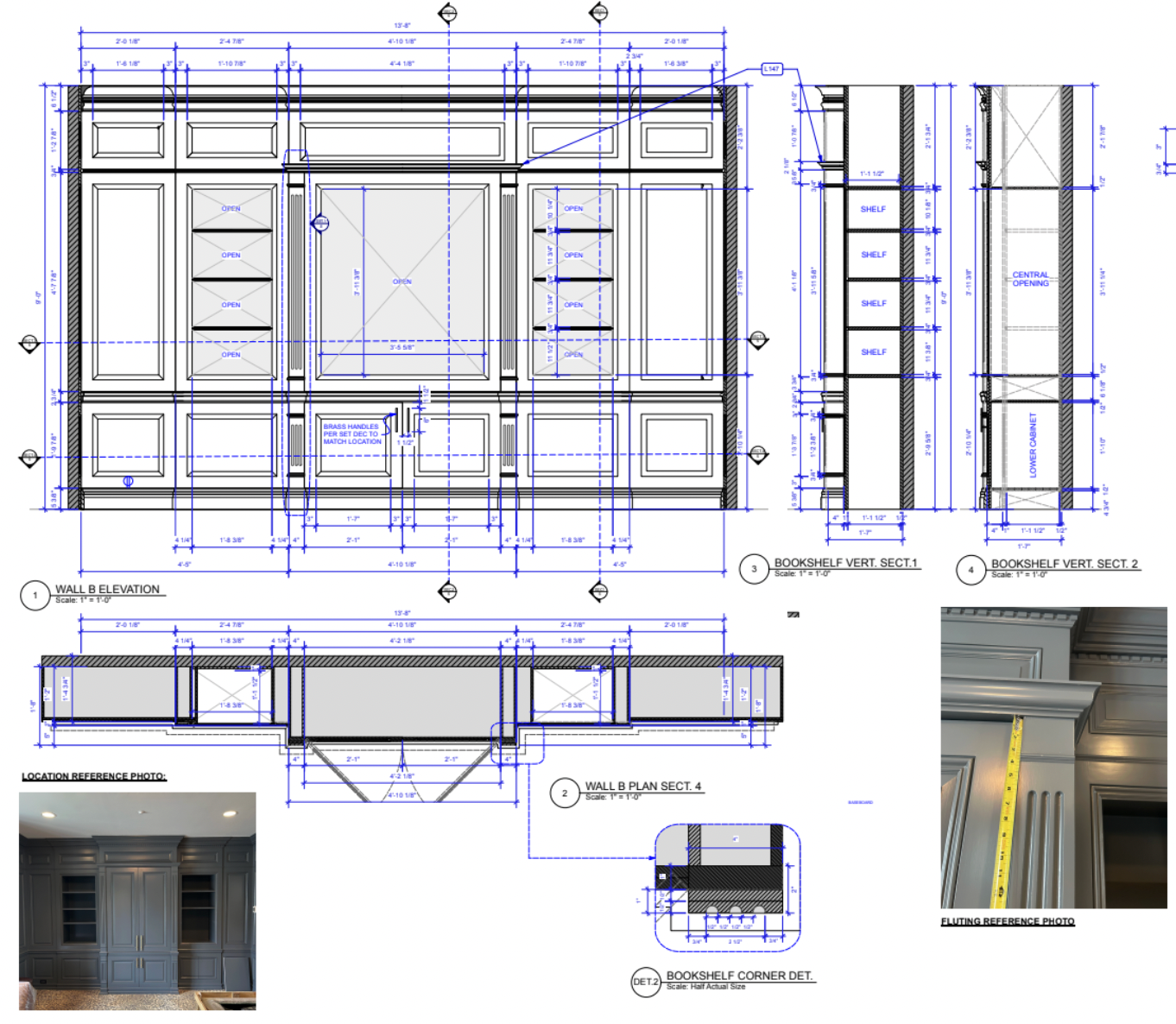 Architectural blueprint of a built-in bookshelf with detailed measurements, elevations, sections, and notes, including reference photos of the finished dark wood bookshelf.