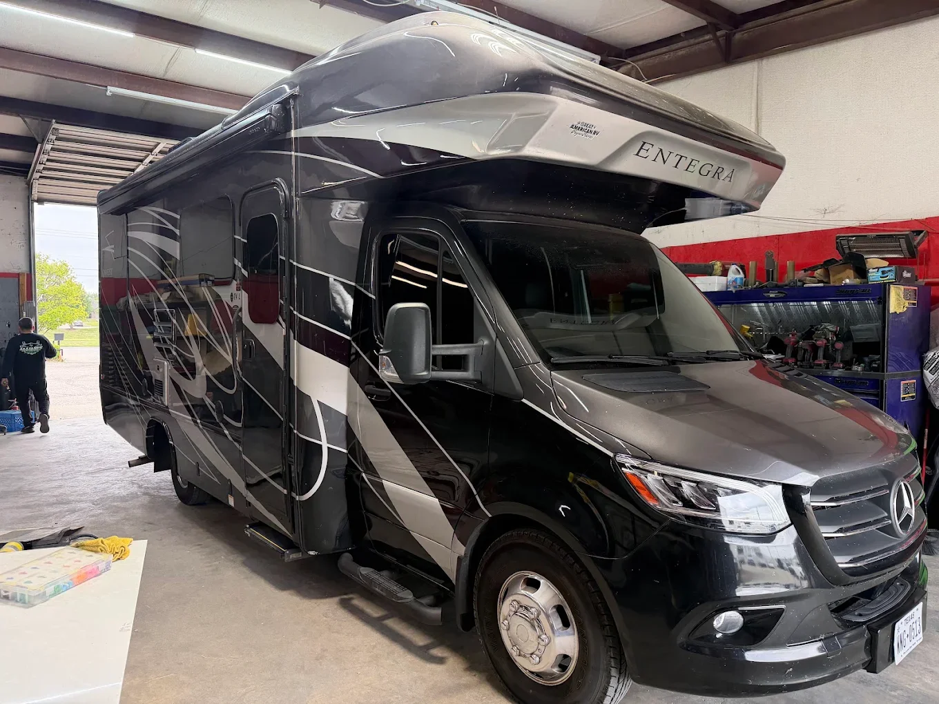 RV fiberglass front cap replacement service on a Class C motorhome