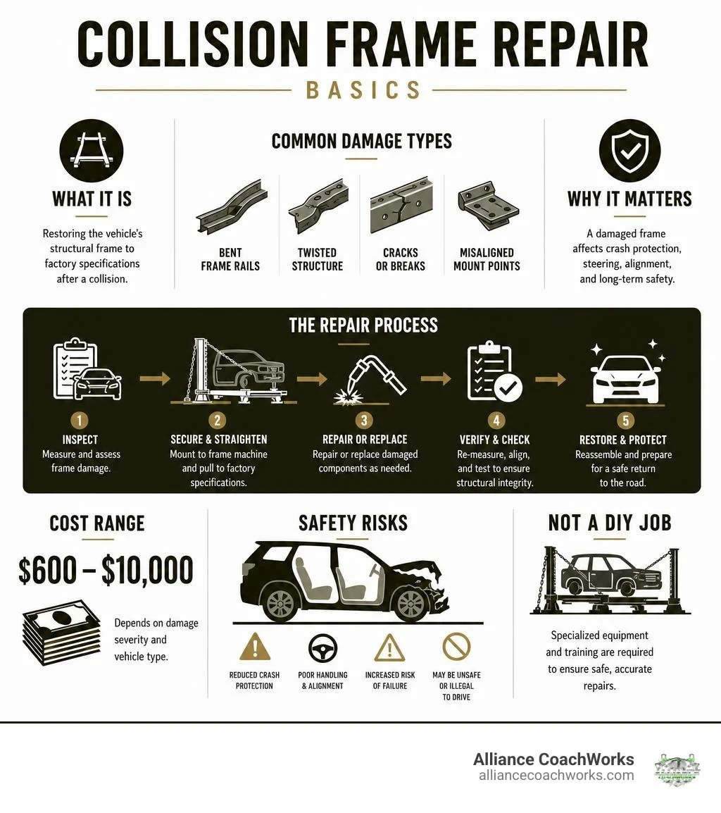 Infographic Showing Collision Frame Repair Basics: Definition, Common Damage Types, Repair Steps, Cost Range, and Safety