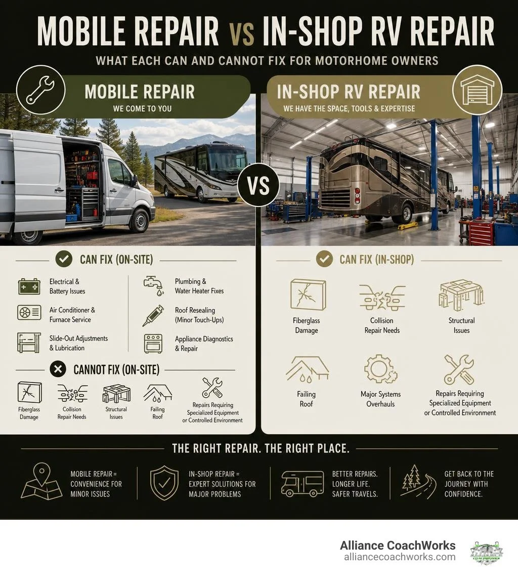 Mobile RV Repair vs In-Shop RV Repair: What Each Can and Cannot Fix For Motorhome Owners Infographic