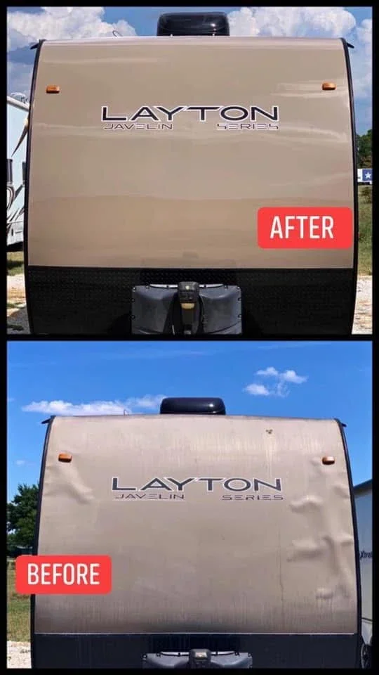 "Before and after sidewall and Filon repair on a Layton Javelin RV rear cap with color-matched refinishing."