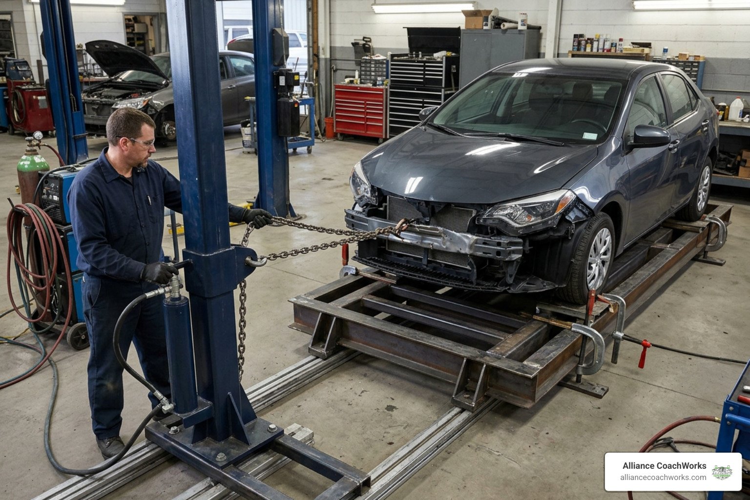 Hydraulic Frame Machine Pulling a Bent Vehicle Chassis Back into Alignment