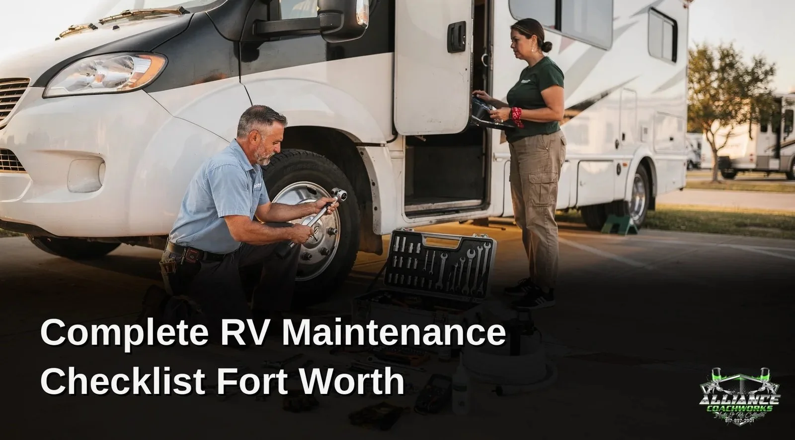 RV technician performing a maintenance check on a motorhome wheel in Fort Worth, Texas