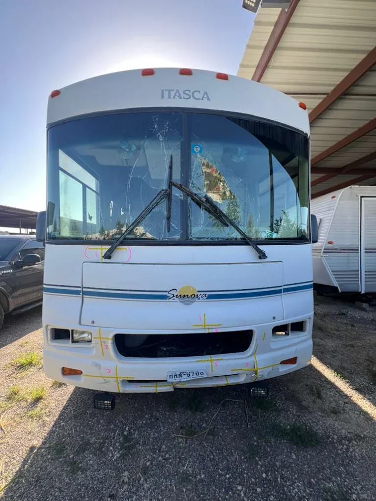 Front of a Class A motorhome undergoing RV collision repair