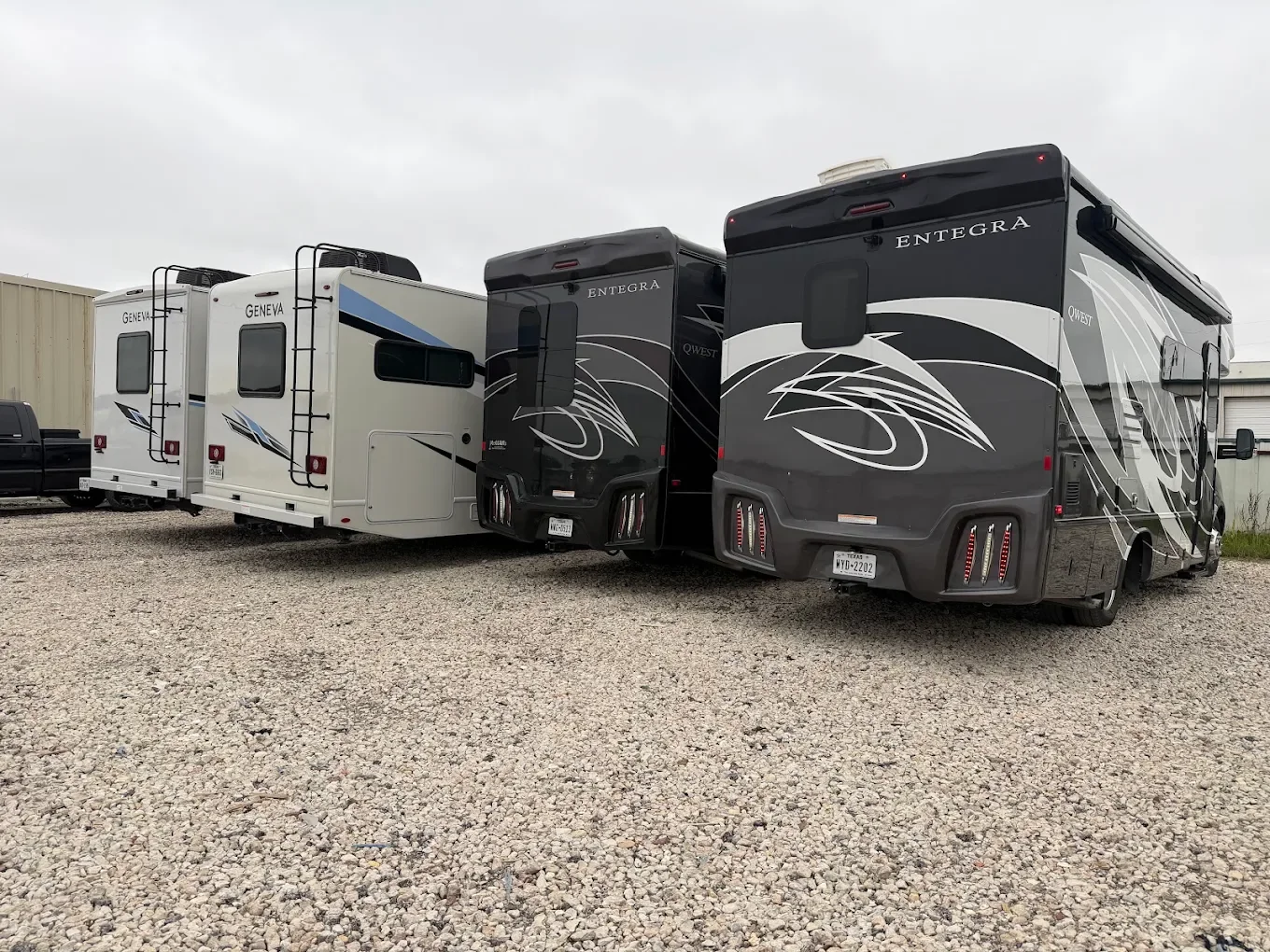 "Row of Class C motorhomes lined up at Alliance CoachWorks awaiting weather-stripping, gasket, and trim seal service."