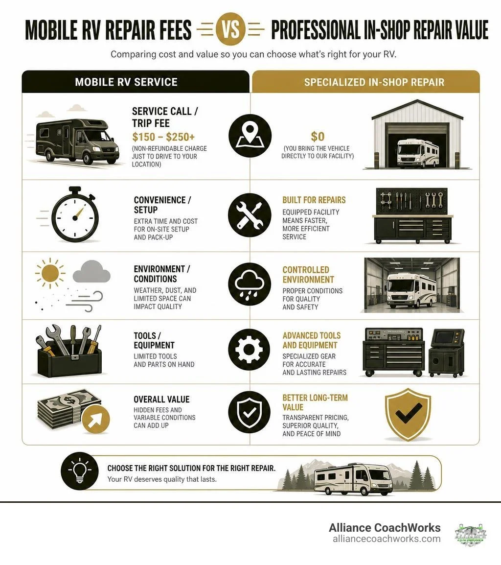 Table Comparing Mobile RV Repair Fees With Professional In-Shop Repair Value Infographic