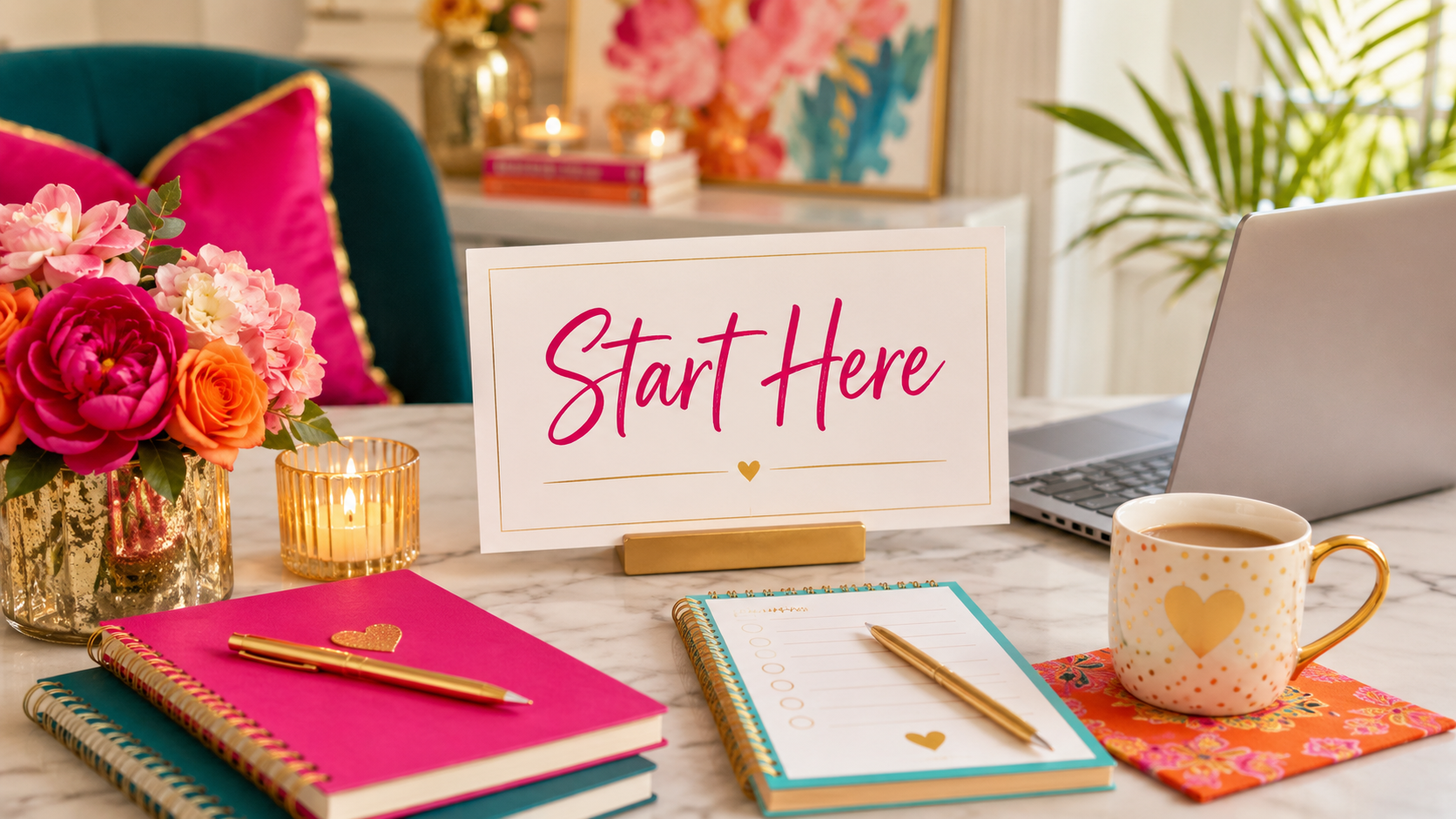 Feminine desktop with "Start Here" placard, laptop, coffee in a gold heart cup, various color journals, bouquet of flowers in a gold shimmery vase, and a lit candle.