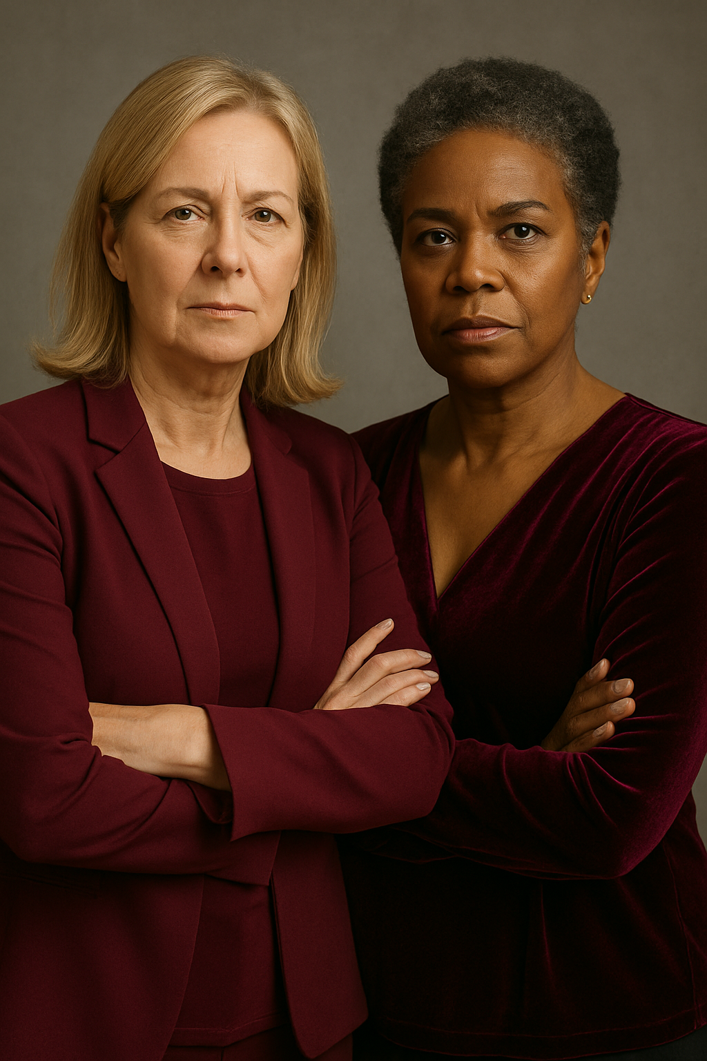 White and Black assertive looking women over 50, dressed in burgundy, with arms folded across their chests.