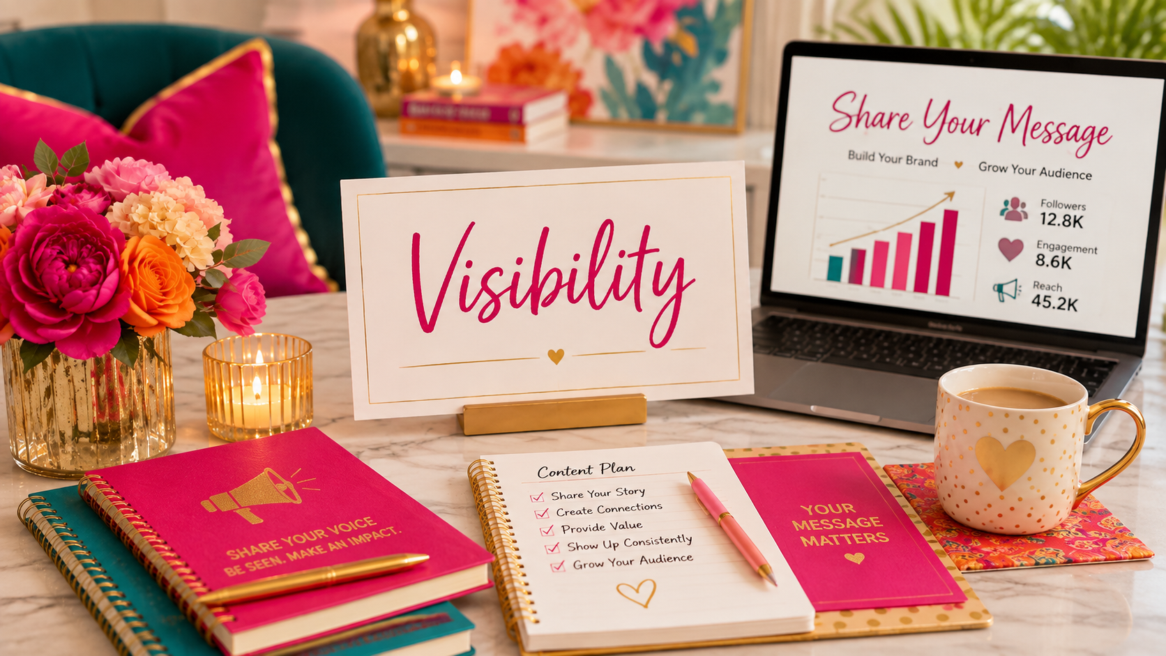 Feminine desktop containing a "Visibility" placard,  with bold colors of bright pink, orange, teal, and gold. Includes coffee cup, journals, tablet, a lit candle and bouquet of flowers in a shining gold vase.