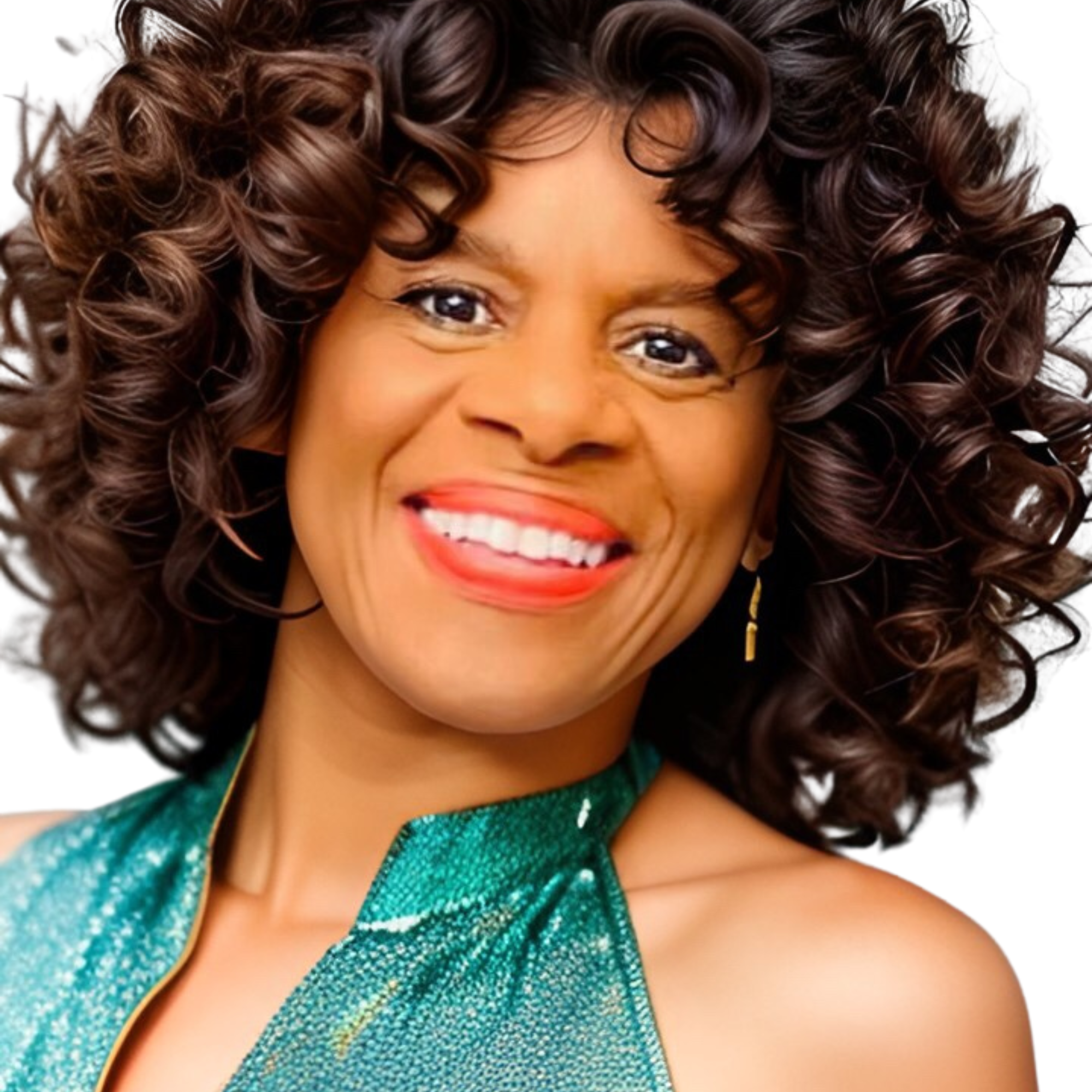 A woman smiling broadly, with curly dark brown hair, wearing bright red lipstick, gold earrings, and a shiny teal dress.