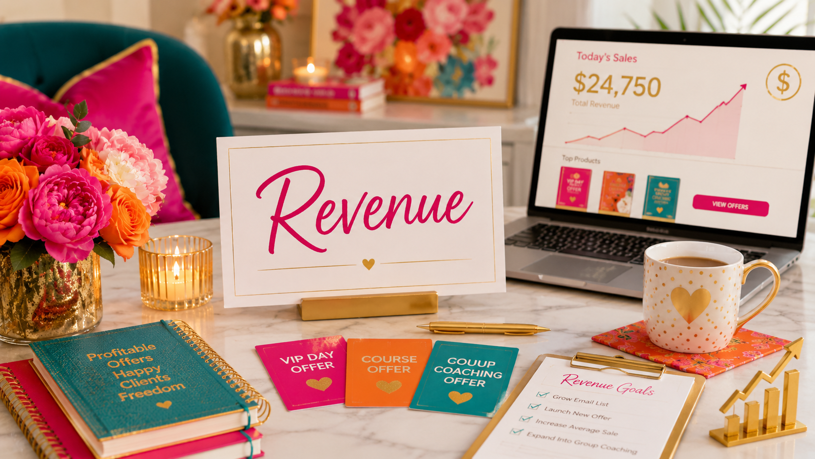 Feminine desktop with "Revenue" placard, laptop, coffee in a gold heart cup, various color journals, bouquet of flowers in a gold shimmery vase, and a lit candle.