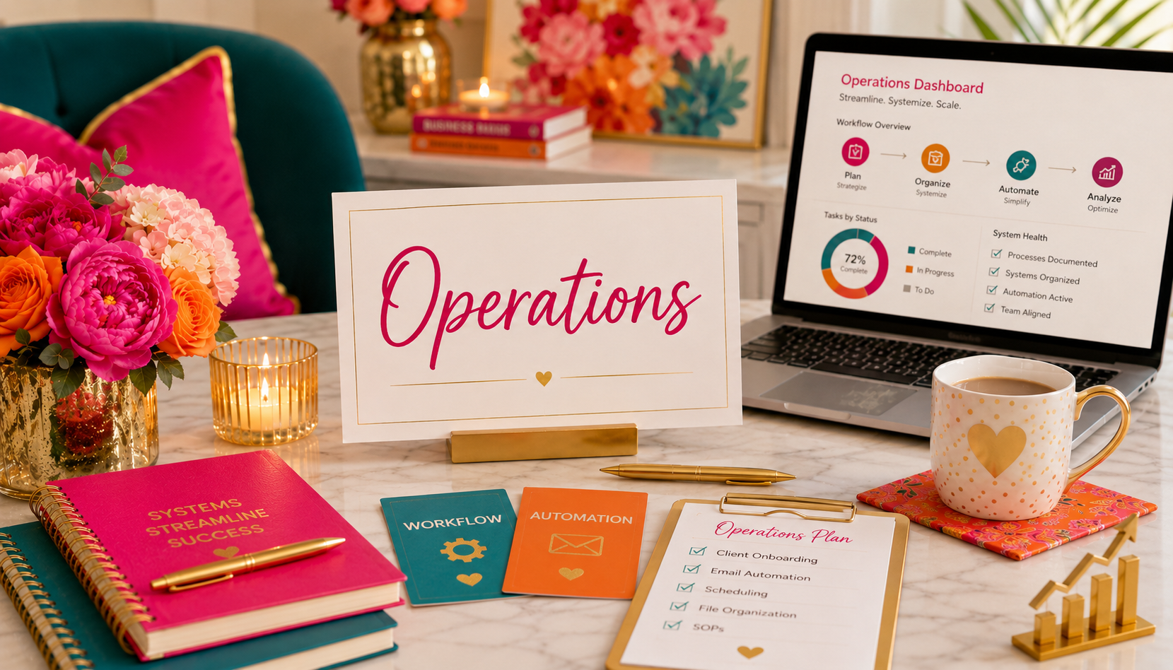 Feminine desktop with "Operations" placard, laptop, coffee in a gold heart cup, various color journals, bouquet of flowers in a gold shimmery vase, and a lit candle.