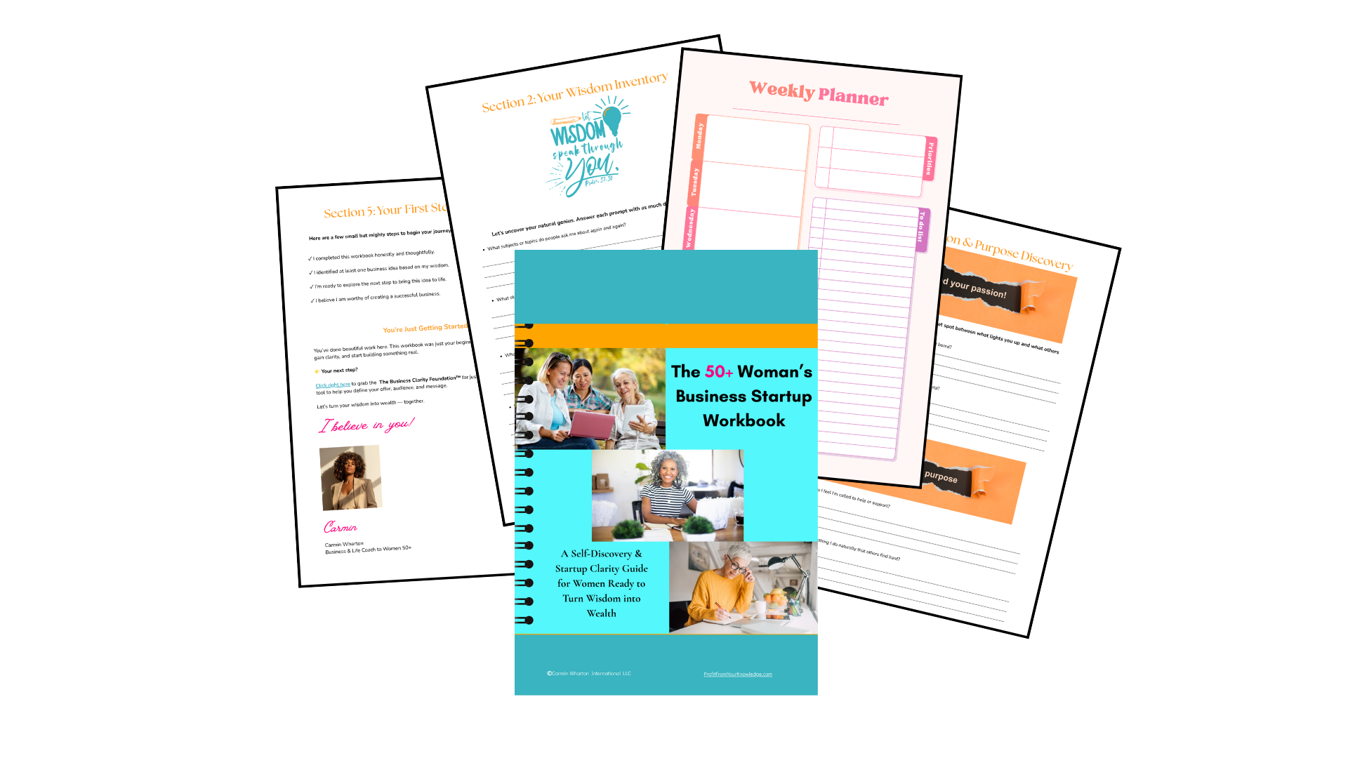Collection of business startup workbooks and planners for women, including a colorful cover titled 'The 50+ Woman's Business Startup Workbook' with images of women working, and various pages with plans, community discovery, and personal insight prompts.
