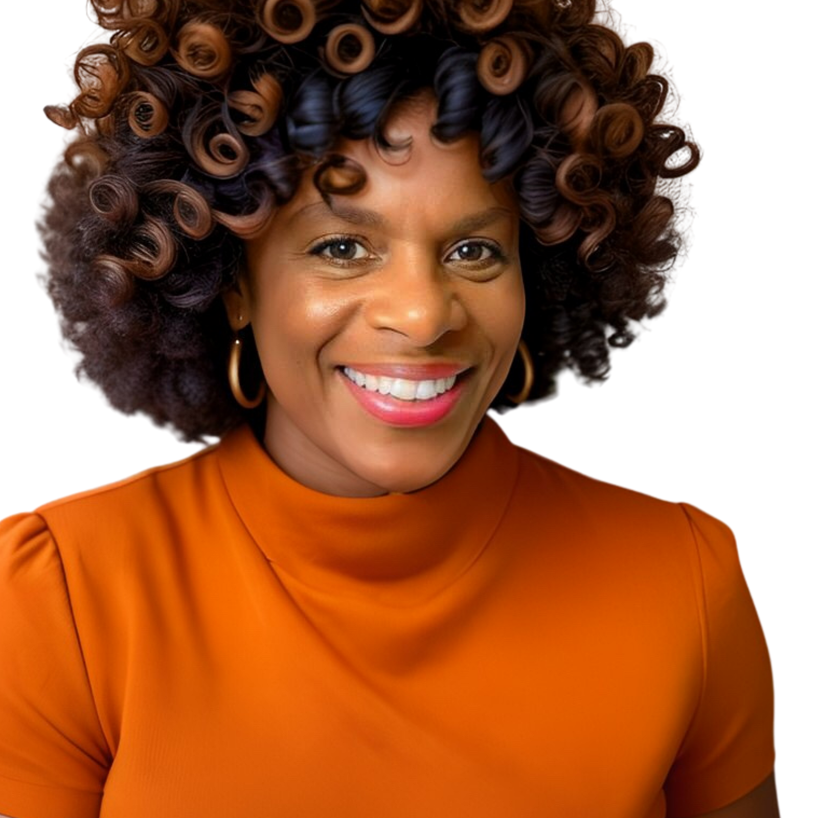 Close-up portrait of Coach Carmin, an African American woman with a big curly hairstyle, smiling, wearing gold hoop earrings and an orange top.